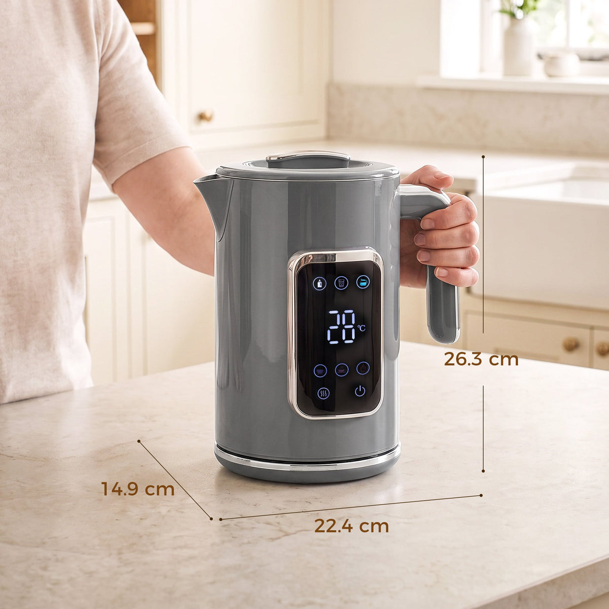 Electric Kettle, 1.7L Fast Boil 3000W Water Kettle with LED Display, Adjustable Temperature, Keep Warm Function, Auto Shut-off Boil-Dry Protection, Double-Wall, Grey