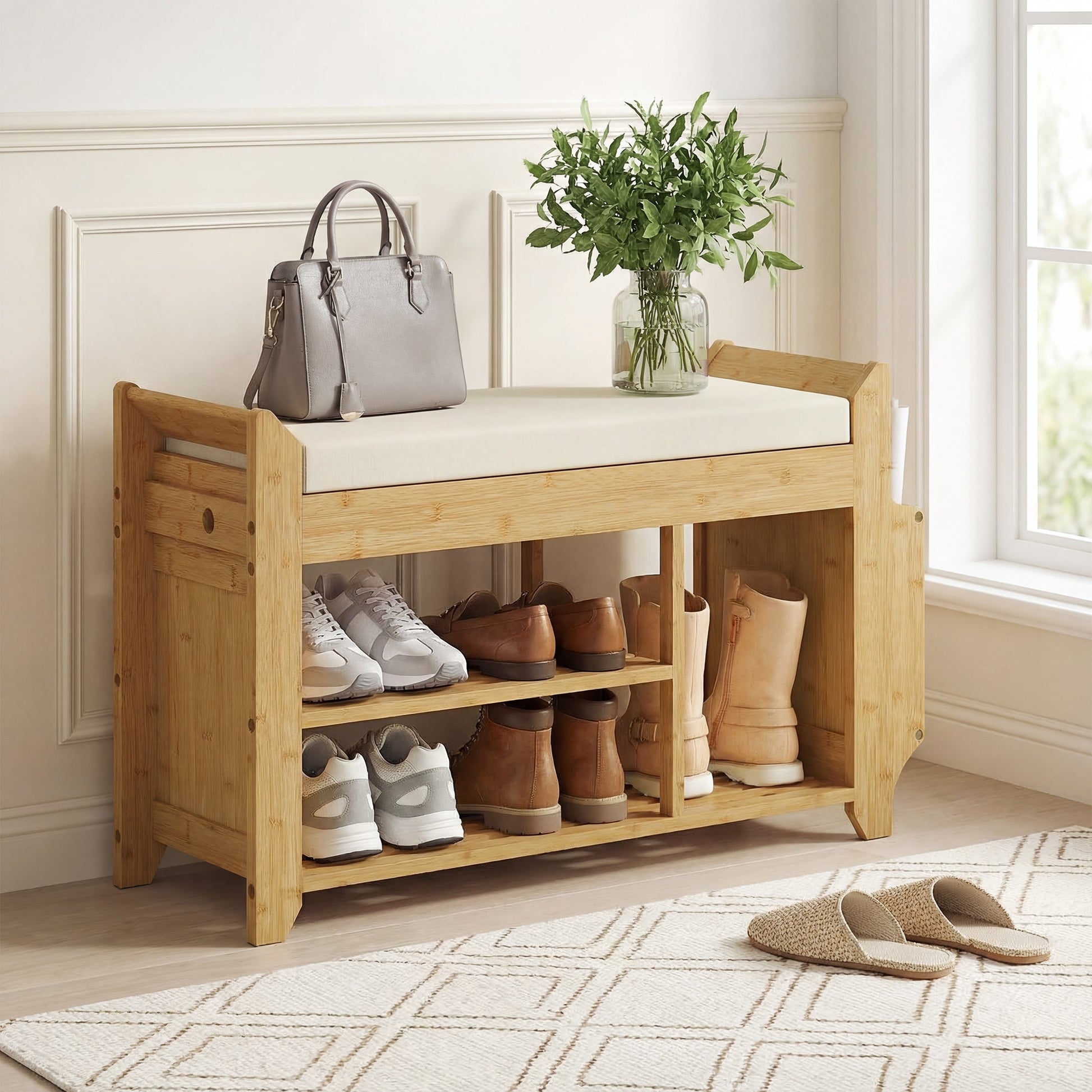 Shoe Bench with Cushioned Seat, Shoe Storage Bench with Side Holder and Boot Section, 2-Tier Natural Bamboo Entryway Rack for Hallway, Living Room, 100 x 30 x 50 cm, Natural and Cream