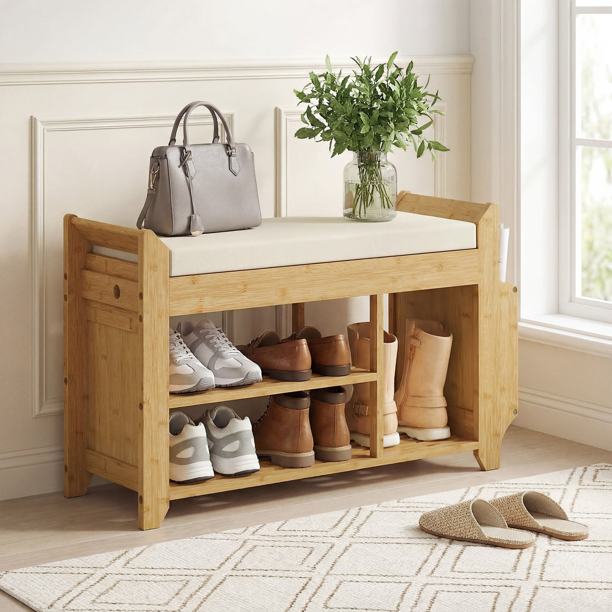 Shoe Bench with Cushioned Seat, Shoe Storage Bench with Side Holder and Boot Section, 2-Tier Natural Bamboo Entryway Rack for Hallway, Living Room, 100 x 30 x 50 cm, Natural and Cream