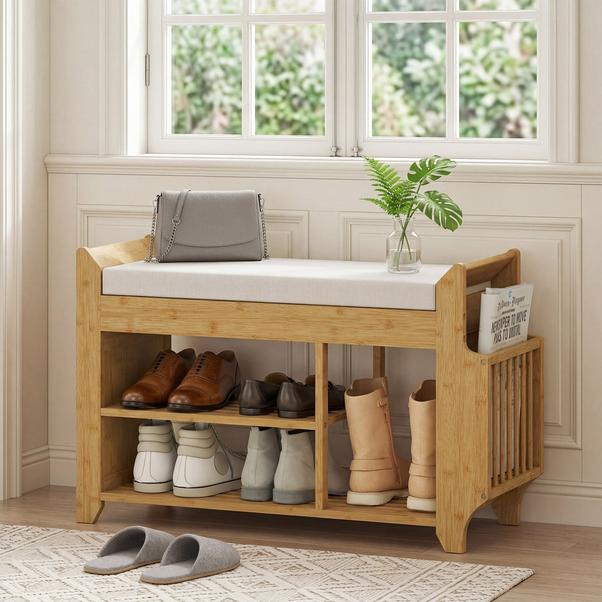 Shoe Bench with Cushioned Seat, Shoe Storage Bench with Side Holder and Boot Section, 2-Tier Natural Bamboo Entryway Rack for Hallway, Living Room, 100 x 30 x 50 cm, Natural and Cream