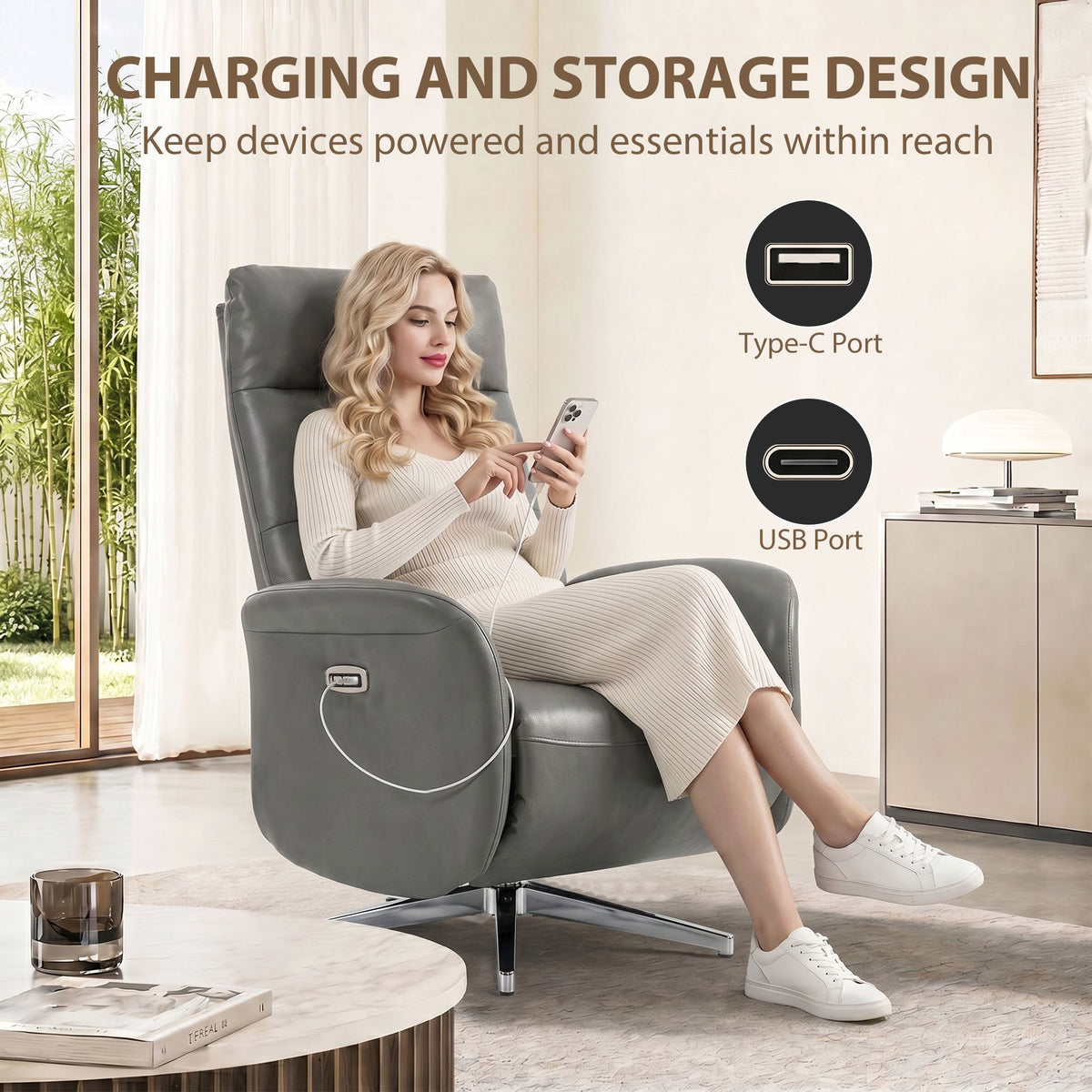Electric Recliner Armchair, PU Leather Swivel Recliner Chair with Type C+USB, 160° Reclining Chair with Adjustable Leg Rest for Home Living Room Theater, Dark Grey