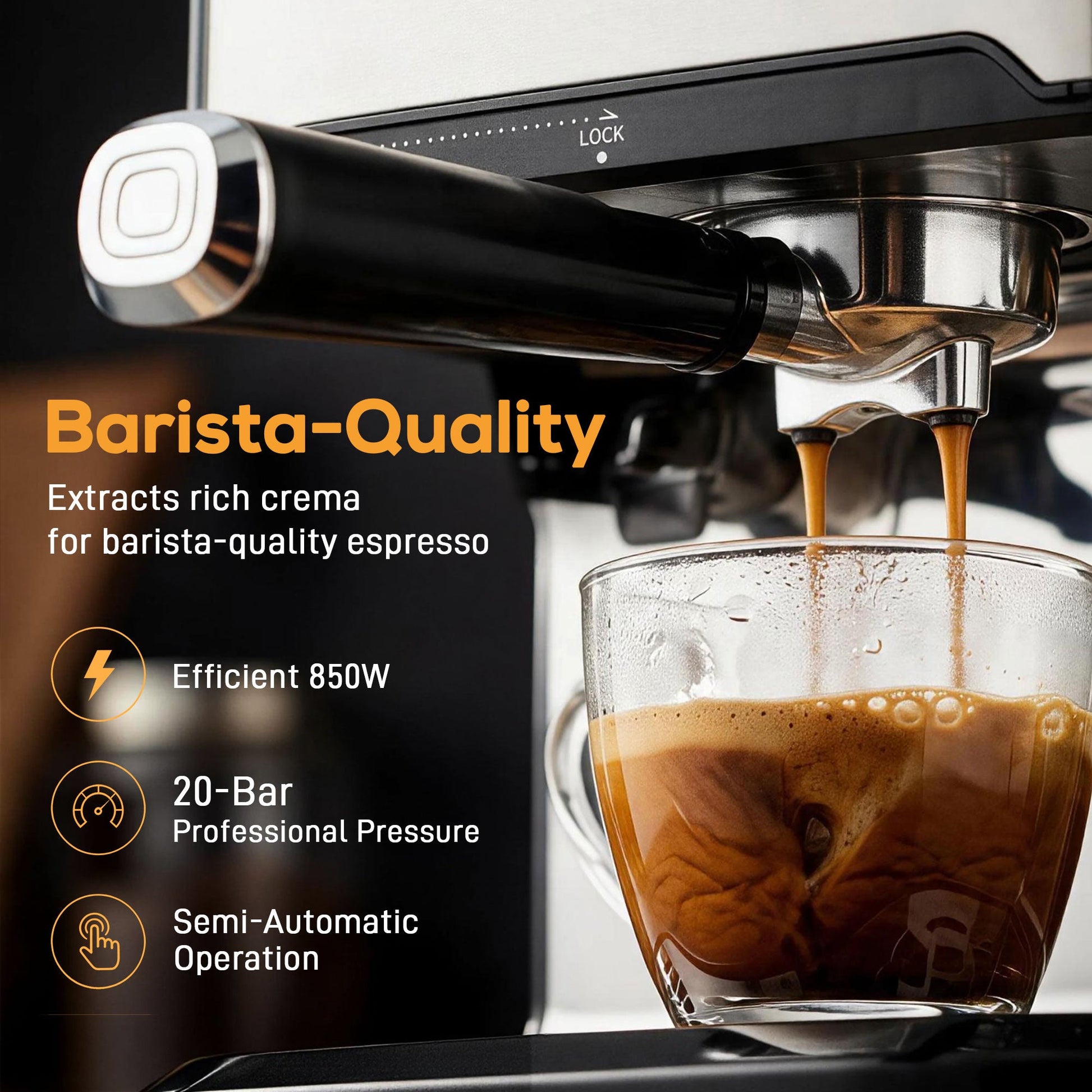 Espresso Machine with Milk Frother Wand, 1.6 L Water Tank, 850W Semi Automatic 20 Bar Coffee Machine, Latte Cappuccino Maker with Single/Double/Manual Shot, LED Touch, Hot Water, Cup Warming