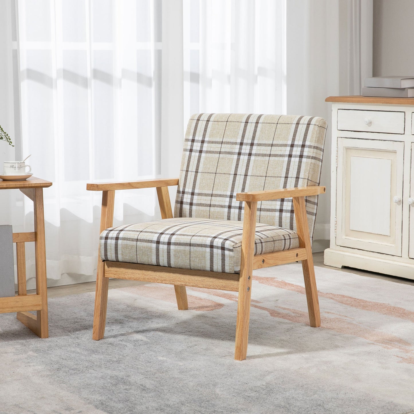 HOMCOM Modern One Seater Sofa for Living Room, Linen Fabric Small Couch with Rubber Wood Frame, Armrests, Lattice Pattern, Upholstered Armchair, Beige