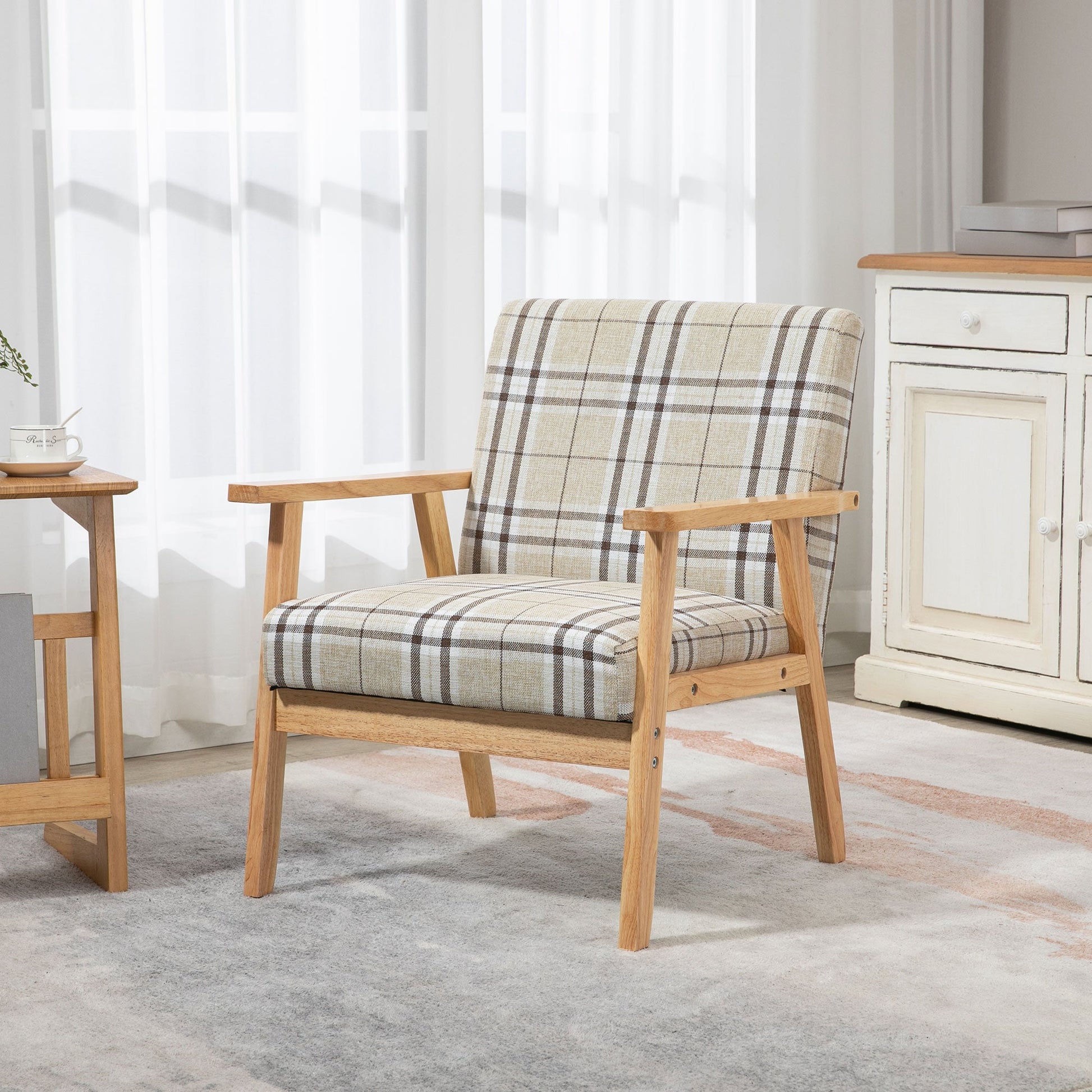 HOMCOM Modern One Seater Sofa for Living Room, Linen Fabric Small Couch with Rubber Wood Frame, Armrests, Lattice Pattern, Upholstered Armchair, Beige