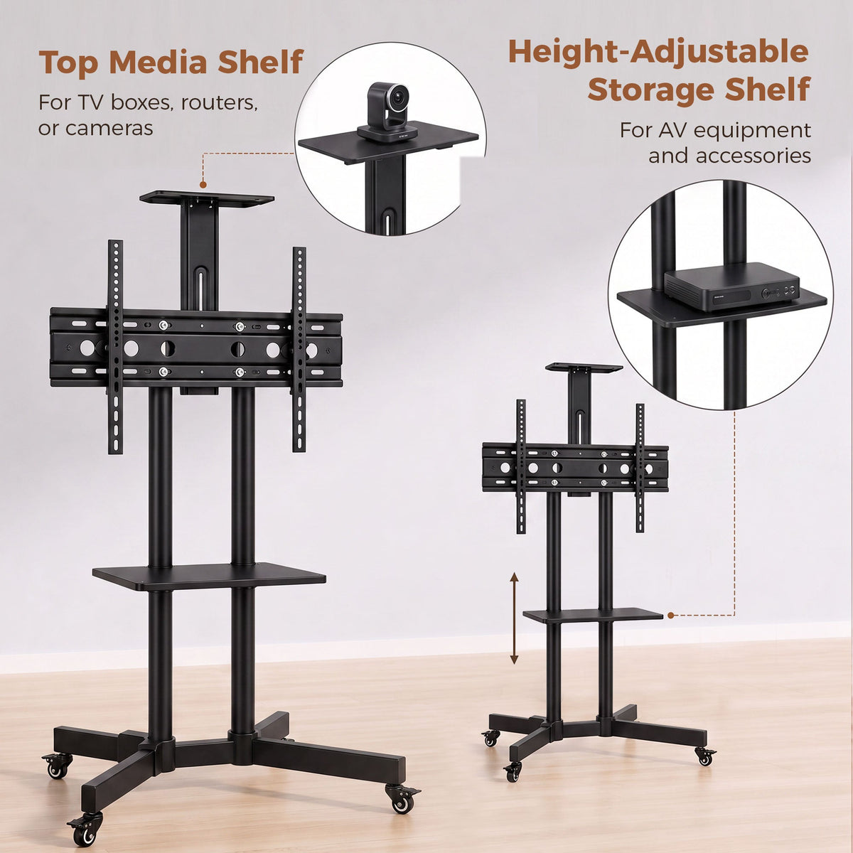 Mobile TV Stand on Wheels for 32-75 Inch Screens, Mobile TV Cart with Tilt, Height Adjustable, Locking Wheels, Camera Shelf & Media Shelf, Max VESA 400 x 600 mm, Black