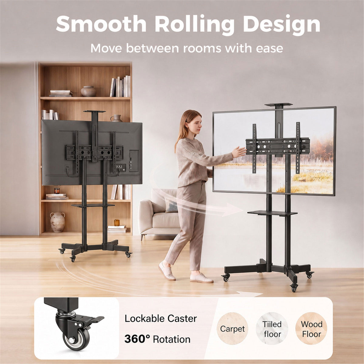 Mobile TV Stand on Wheels for 32-75 Inch Screens, Mobile TV Cart with Tilt, Height Adjustable, Locking Wheels, Camera Shelf & Media Shelf, Max VESA 400 x 600 mm, Black