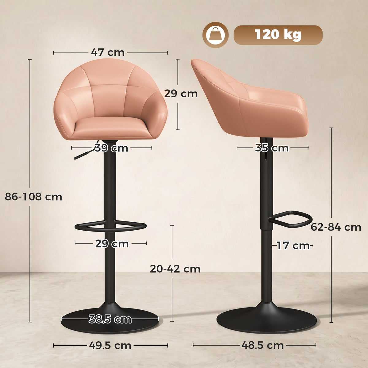 Breakfast Bar Stools Set of 2, Modern Faux Leather Swivel Barstools, Adjustable Counter Height Bar Chairs with Backrest, Arm, Footrest for Kitchen Island, Dining Room, Bar, Brown