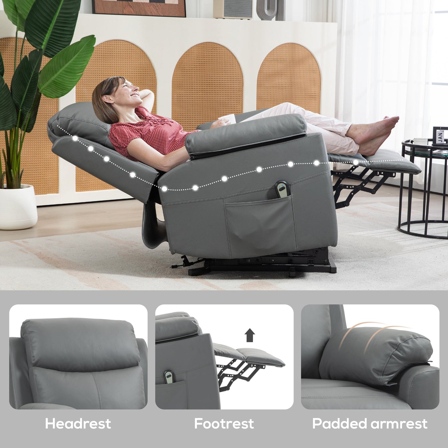 HOMCOM Power Lift Recliner Chair, Electric Lift Chair for Elderly, Overstuffed Faux Leather Riser and Reclining Armchair with Remote Control, Side Pockets, for Living Room, Charcoal Grey