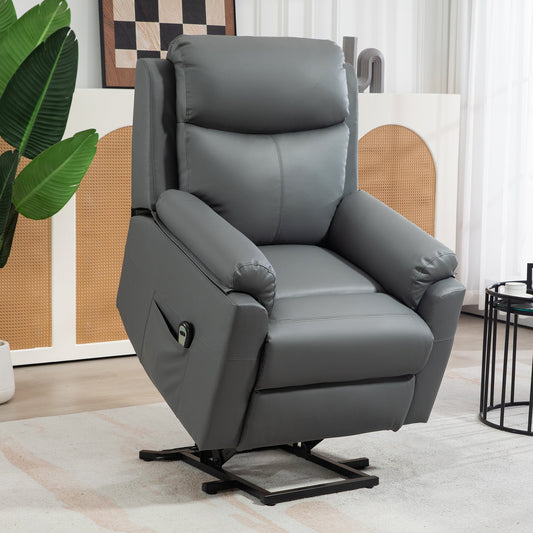 HOMCOM Power Lift Recliner Chair, Electric Lift Chair for Elderly, Overstuffed Faux Leather Riser and Reclining Armchair with Remote Control, Side Pockets, for Living Room, Charcoal Grey
