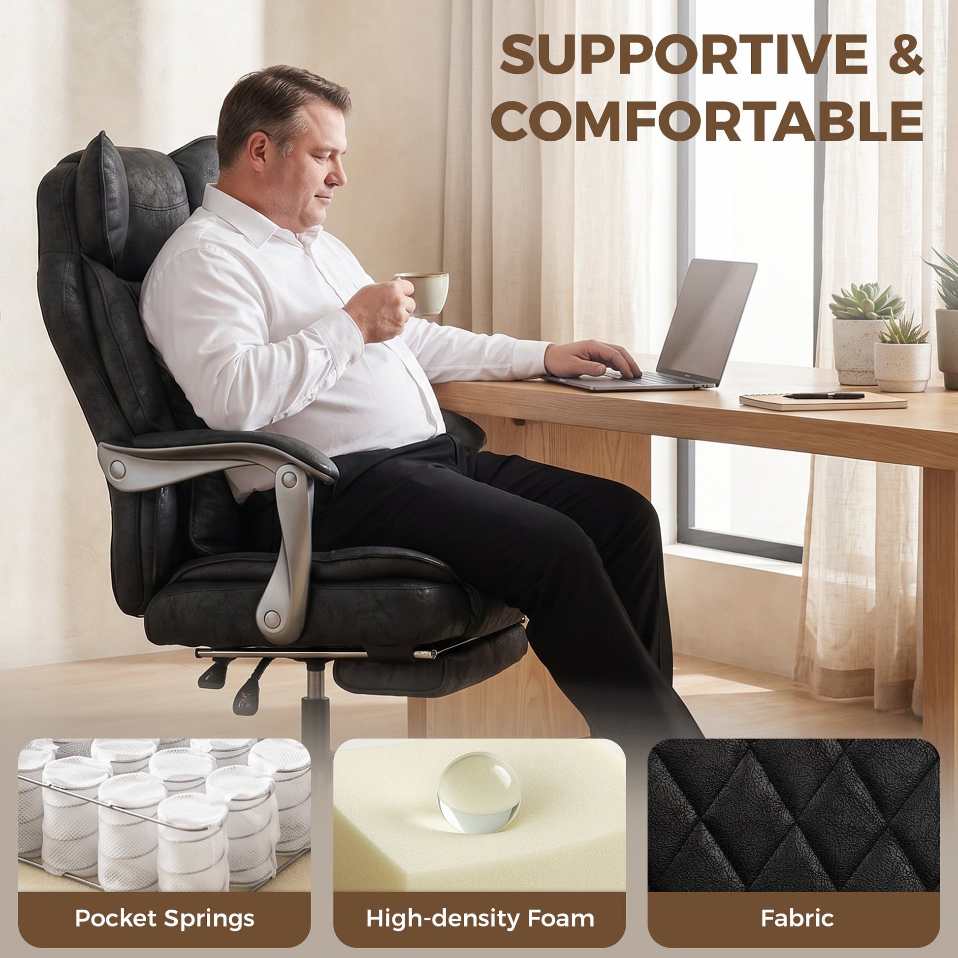 Executive Office Chair with Footrest, 180kg 400lb Big and Tall Leathaire Desk Chair with Wide Seat, Reclining Back, Lumbar Support, Built-in Headrest, Class 4 Gas Lift, Swivel Wheel, Black