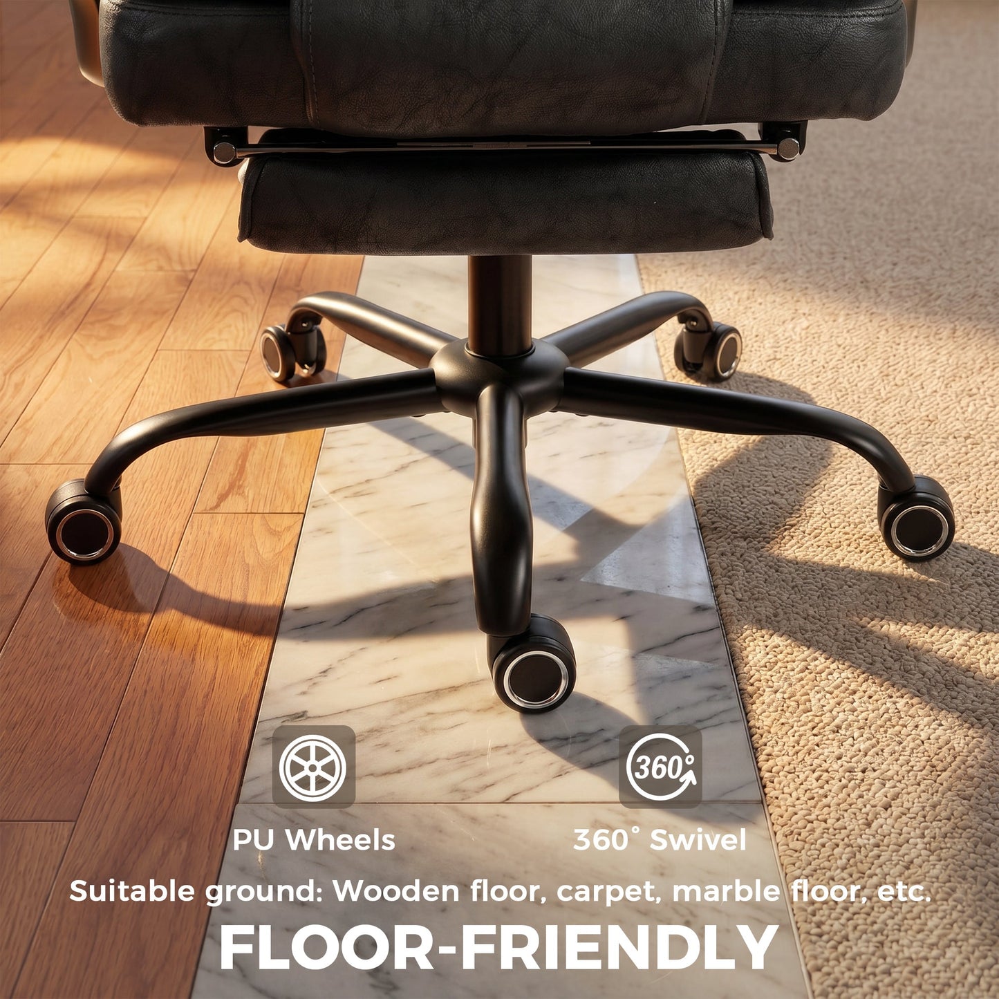 Executive Office Chair with Footrest, 180kg 400lb Big and Tall Leathaire Desk Chair with Wide Seat, Reclining Back, Lumbar Support, Built-in Headrest, Class 4 Gas Lift, Swivel Wheel, Black
