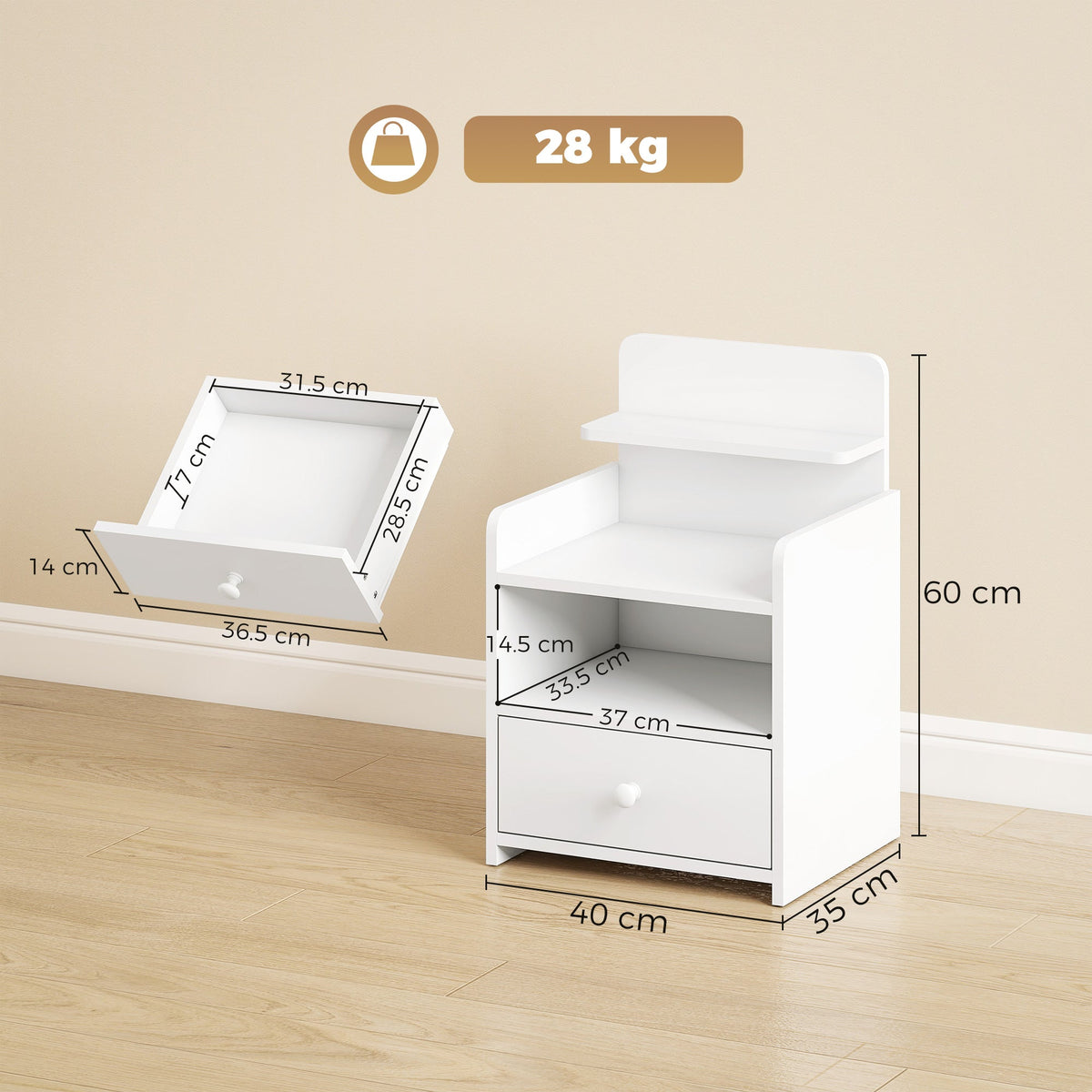 Bedside Table, Bedside Cabinet with Drawer, Modern Side Table with Shelf for Living Room, White