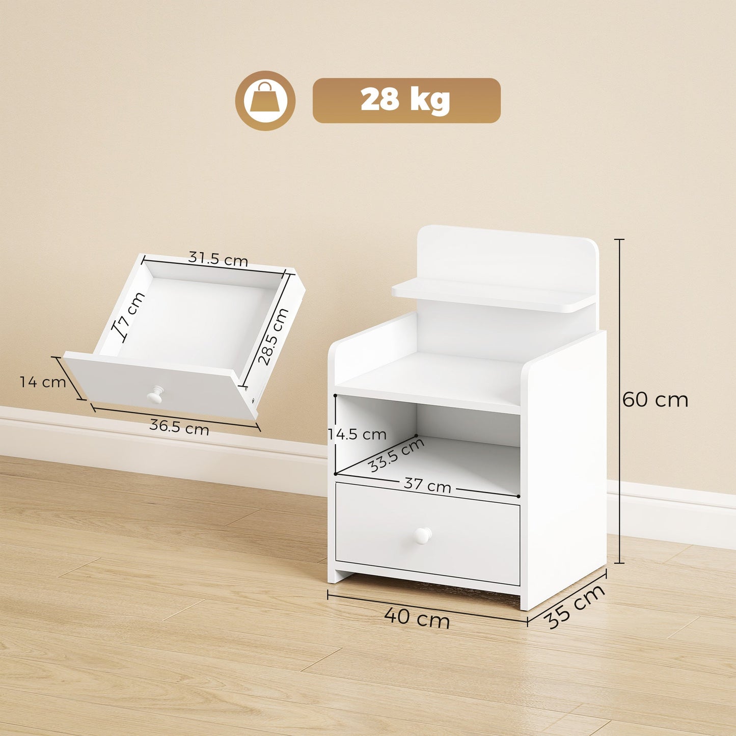 Bedside Table, Bedside Cabinet with Drawer, Modern Side Table with Shelf for Living Room, White