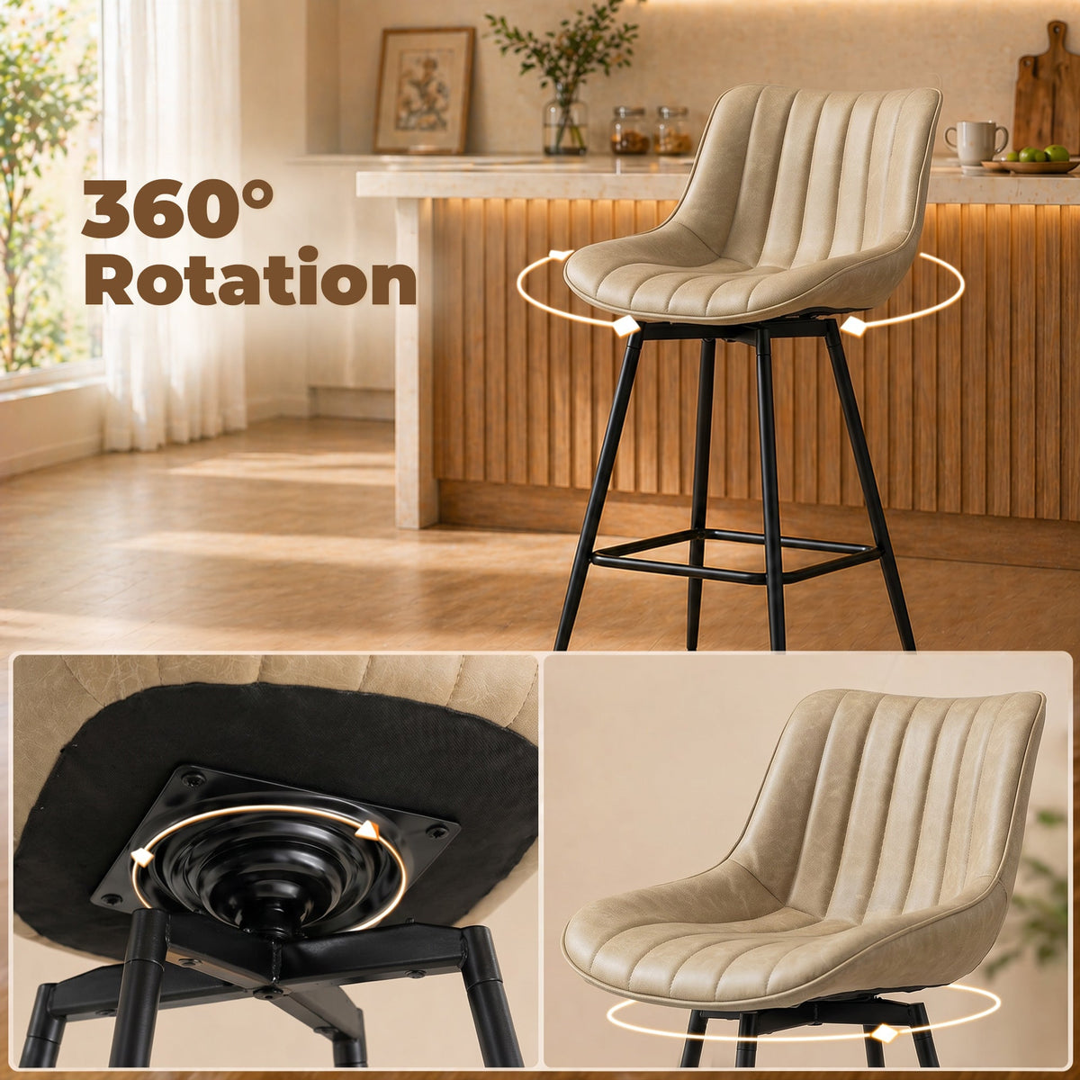 Swivel Bar Stools Set of 2, Textured Faux Leather Counter Stools with Backrest and Footrest, Height Adjustable Breakfast Chairs for Kitchen Island, Home Bar, Dining Room, Light Brown