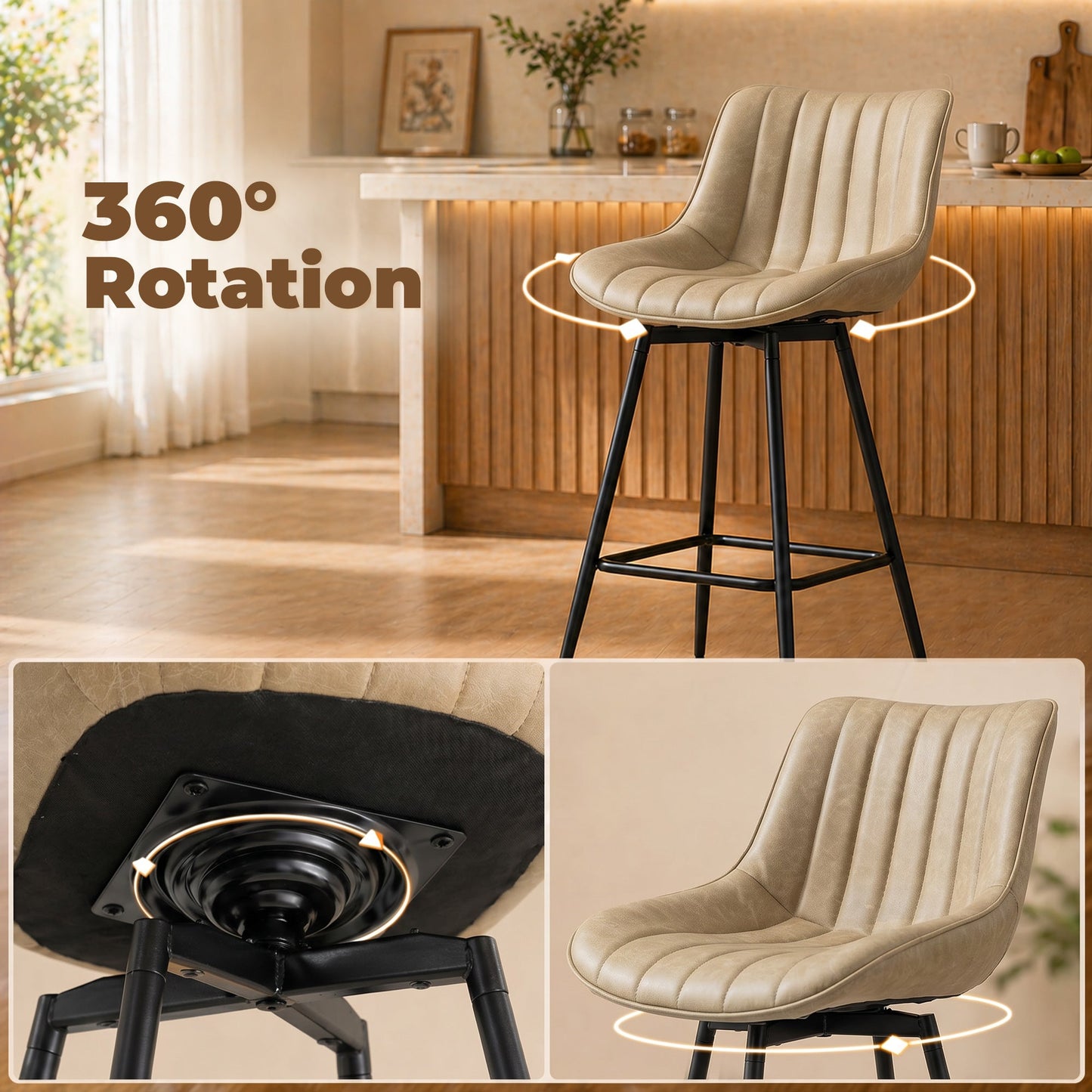 Swivel Bar Stools Set of 2, Textured Faux Leather Counter Stools with Backrest and Footrest, Height Adjustable Breakfast Chairs for Kitchen Island, Home Bar, Dining Room, Light Brown