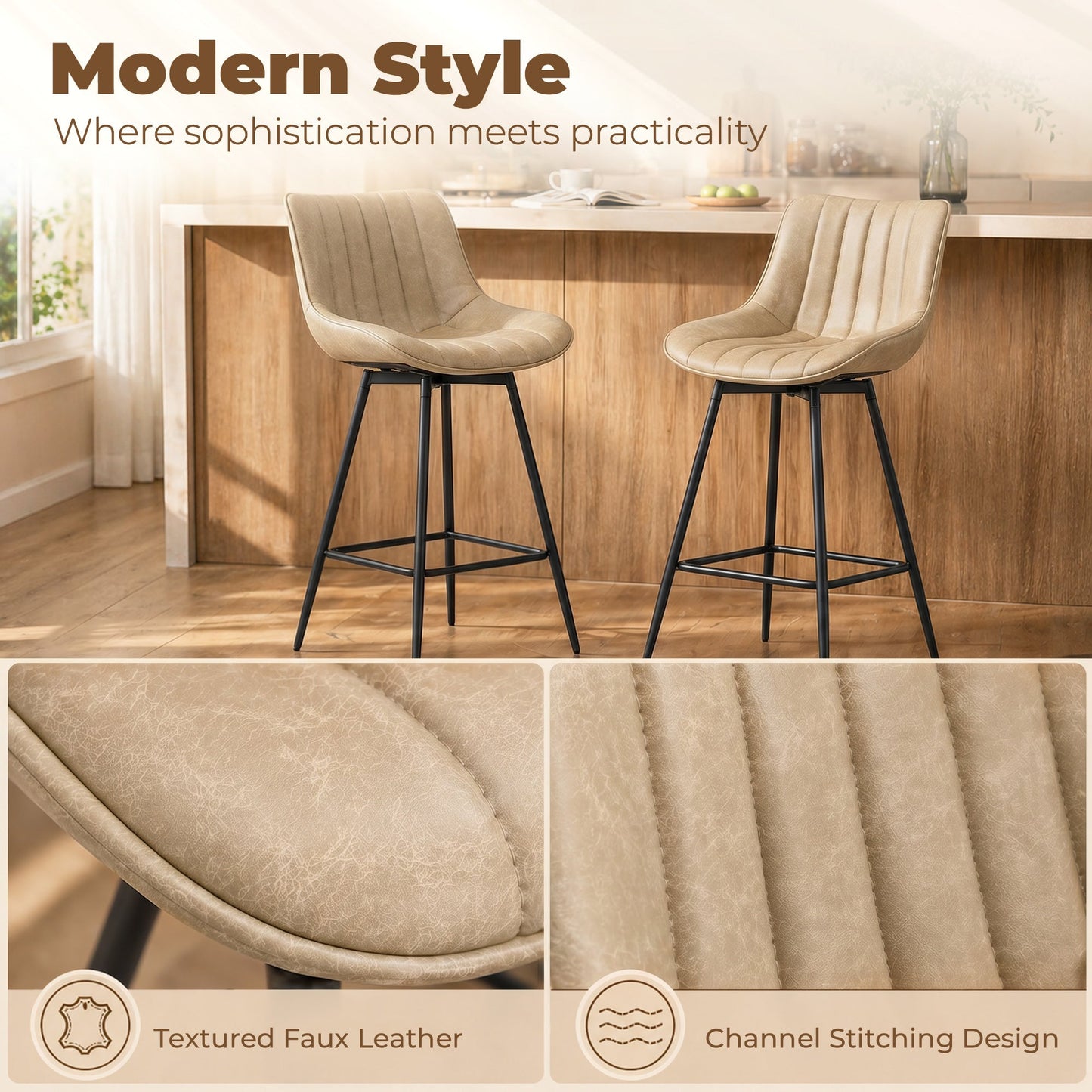 Swivel Bar Stools Set of 2, Textured Faux Leather Counter Stools with Backrest and Footrest, Height Adjustable Breakfast Chairs for Kitchen Island, Home Bar, Dining Room, Light Brown