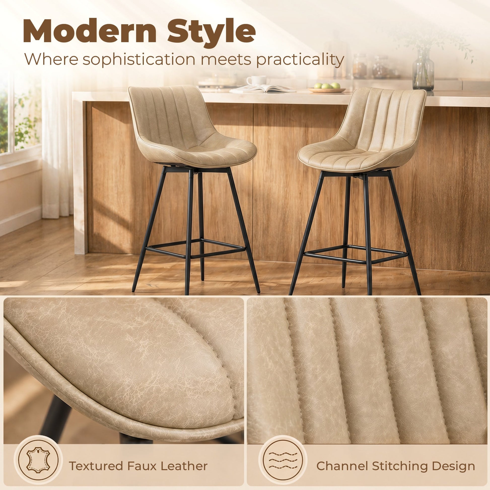 Swivel Bar Stools Set of 2, Textured Faux Leather Counter Stools with Backrest and Footrest, Height Adjustable Breakfast Chairs for Kitchen Island, Home Bar, Dining Room, Light Brown