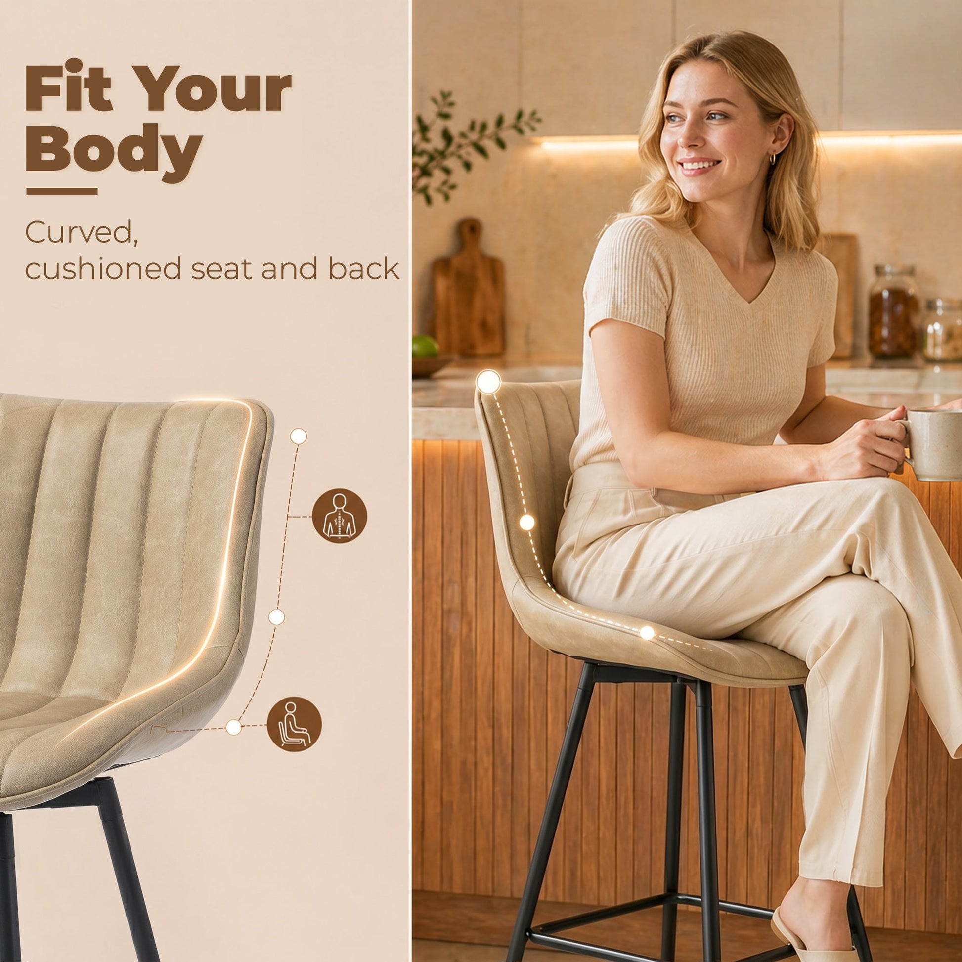 Swivel Bar Stools Set of 2, Textured Faux Leather Counter Stools with Backrest and Footrest, Height Adjustable Breakfast Chairs for Kitchen Island, Home Bar, Dining Room, Light Brown