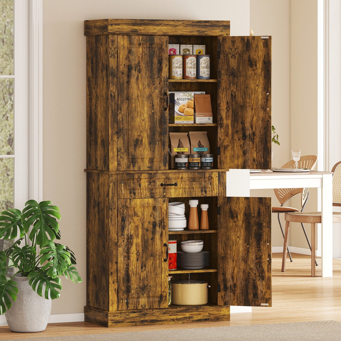 Kitchen Cupboard with 4 Doors, Freestanding Storage Cabinet with Wide Drawer and Shelves for Living Room, 180cm,Brown