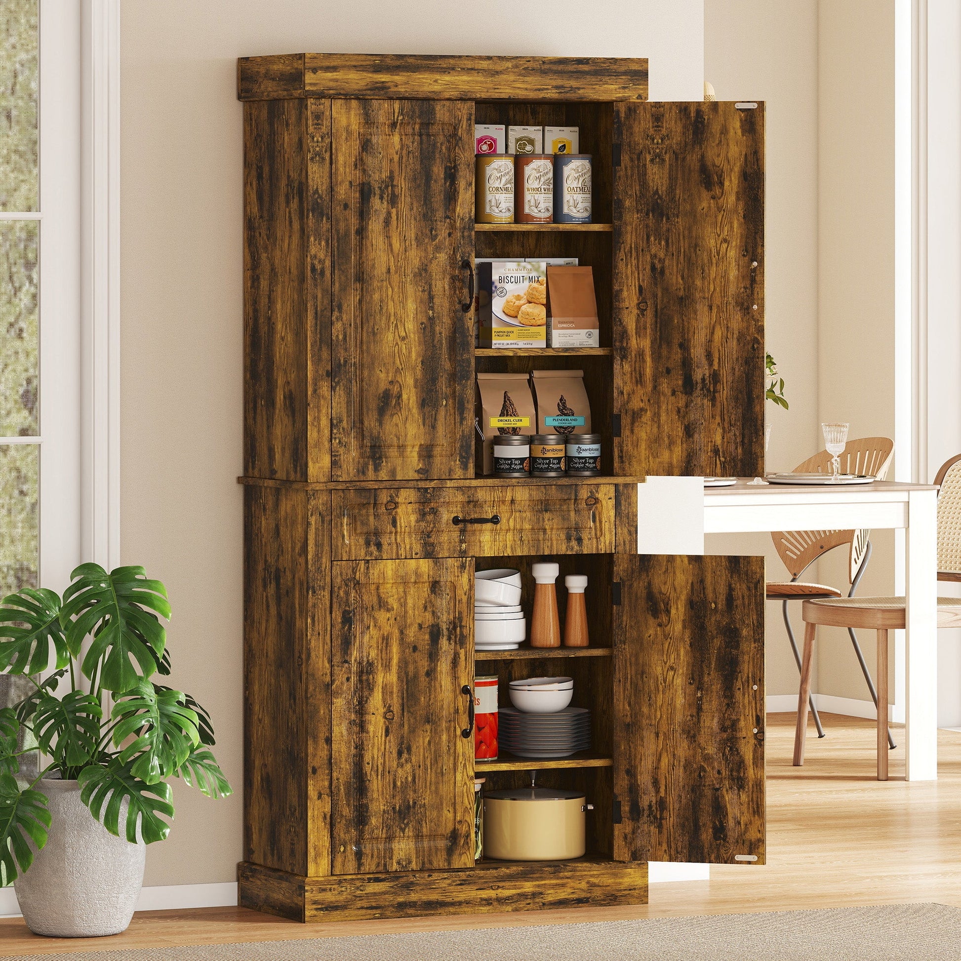 Kitchen Cupboard with 4 Doors, Freestanding Storage Cabinet with Wide Drawer and Shelves for Living Room, 180cm,Brown