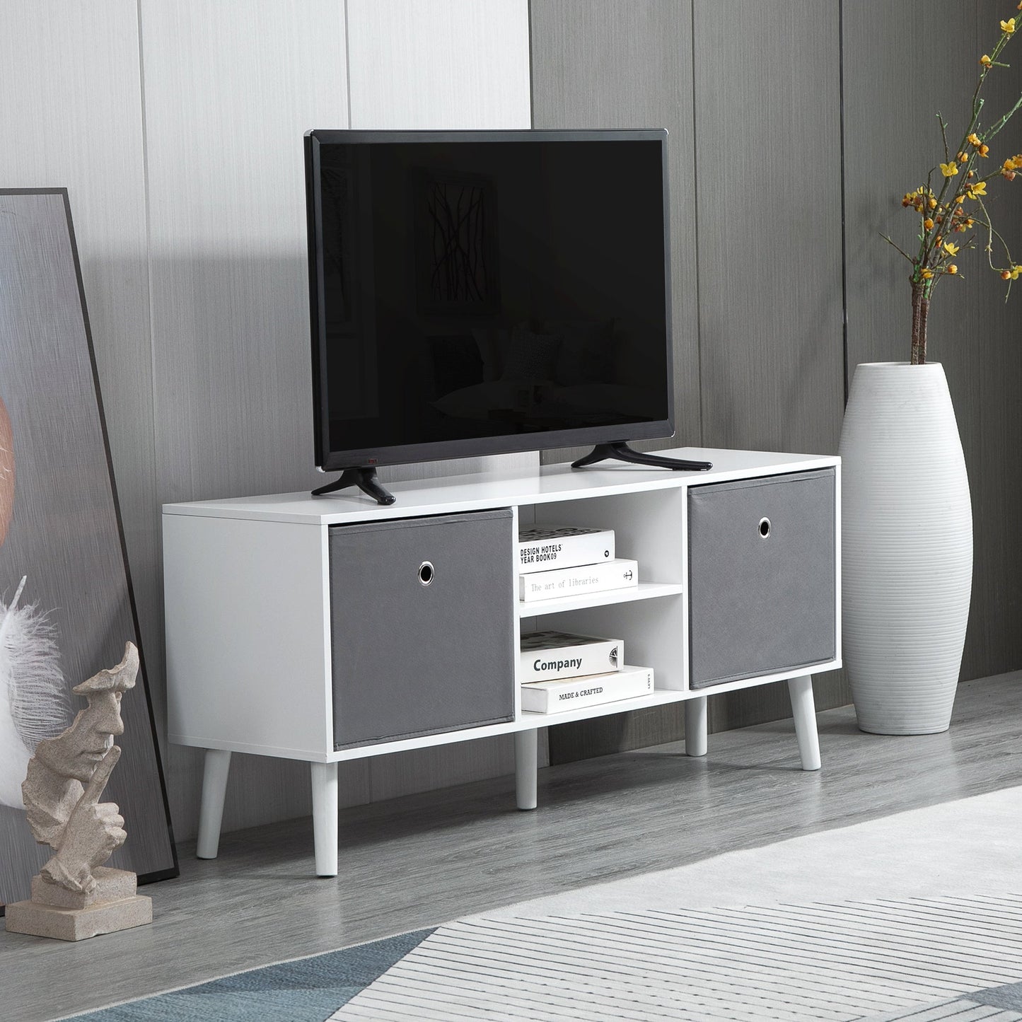 HOMCOM TV Cabinet Stand Unit for TVs up to 50" Flat Screen with Foldable Drawers and Shelves, Entertainment Centre for Living Room, Bedroom White and Grey