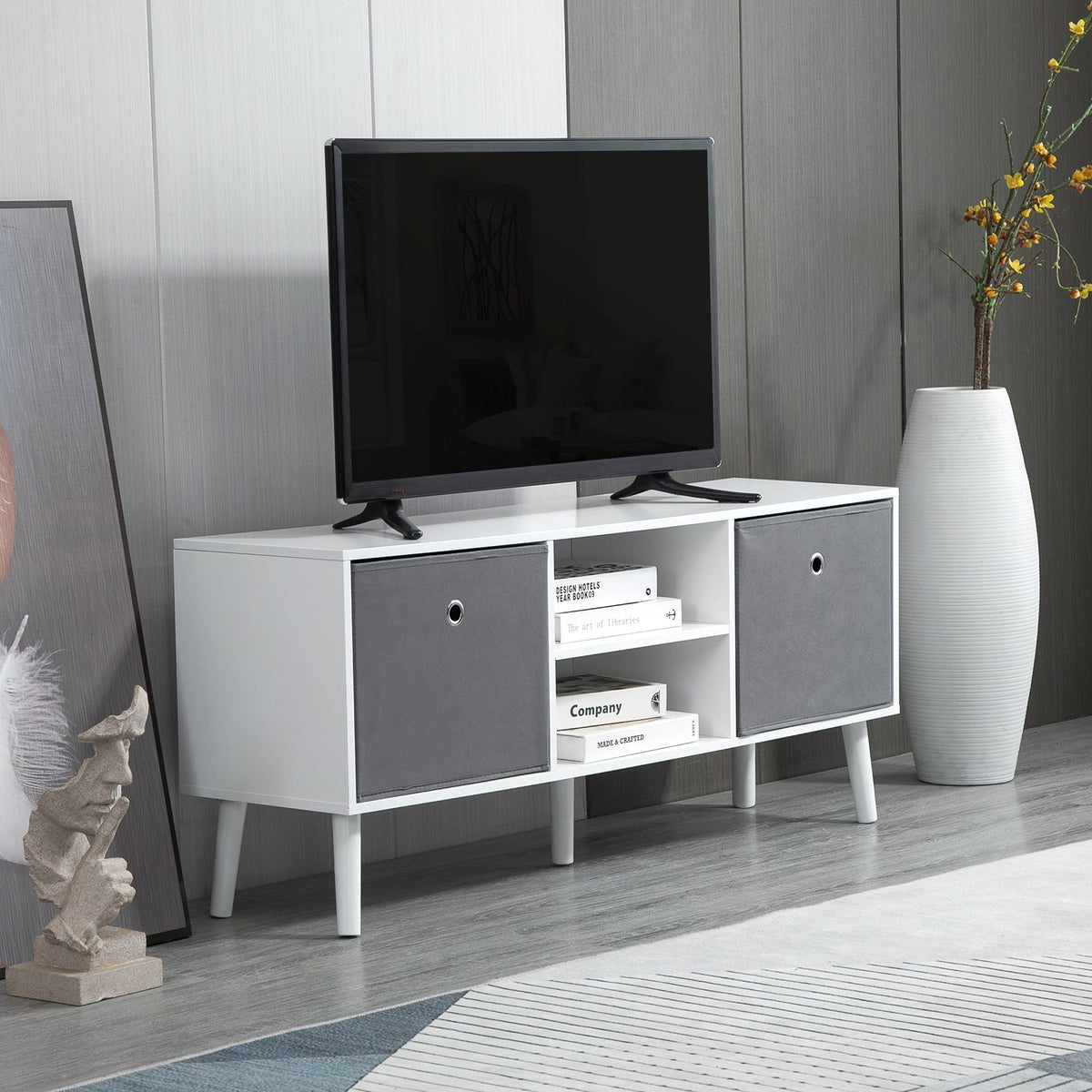 HOMCOM TV Cabinet Stand Unit for TVs up to 50" Flat Screen with Foldable Drawers and Shelves, Entertainment Centre for Living Room, Bedroom White and Grey