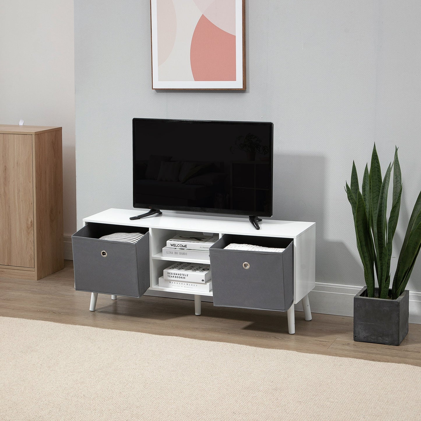 HOMCOM TV Cabinet Stand Unit for TVs up to 50" Flat Screen with Foldable Drawers and Shelves, Entertainment Centre for Living Room, Bedroom White and Grey