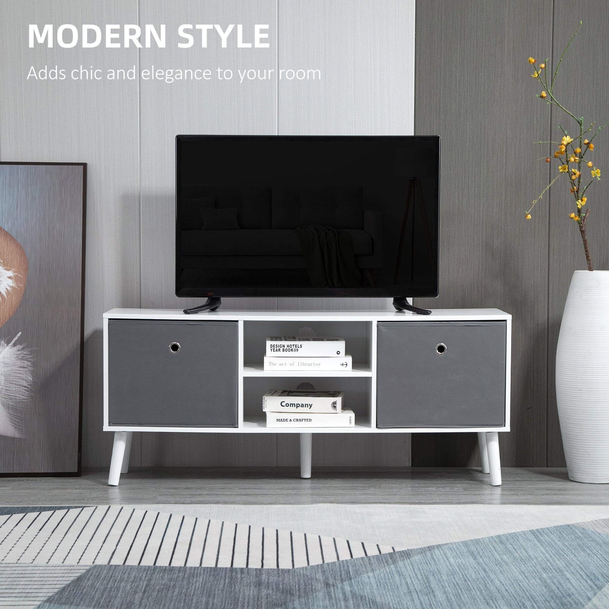HOMCOM TV Cabinet Stand Unit for TVs up to 50" Flat Screen with Foldable Drawers and Shelves, Entertainment Centre for Living Room, Bedroom White and Grey