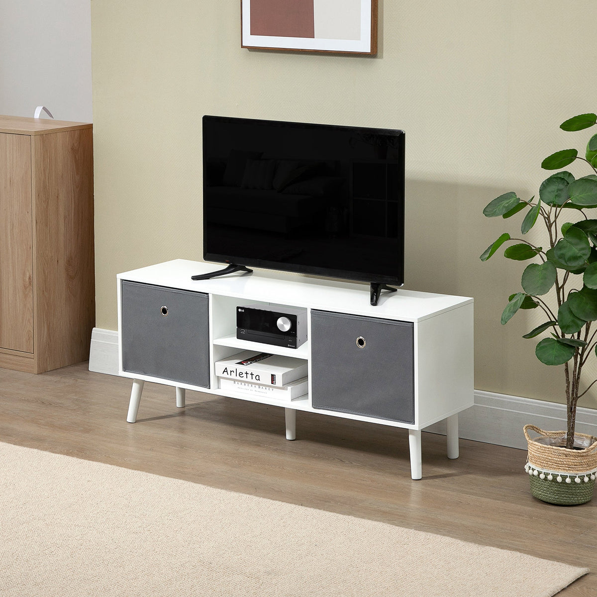 HOMCOM TV Cabinet Stand Unit for TVs up to 50" Flat Screen with Foldable Drawers and Shelves, Entertainment Centre for Living Room, Bedroom White and Grey