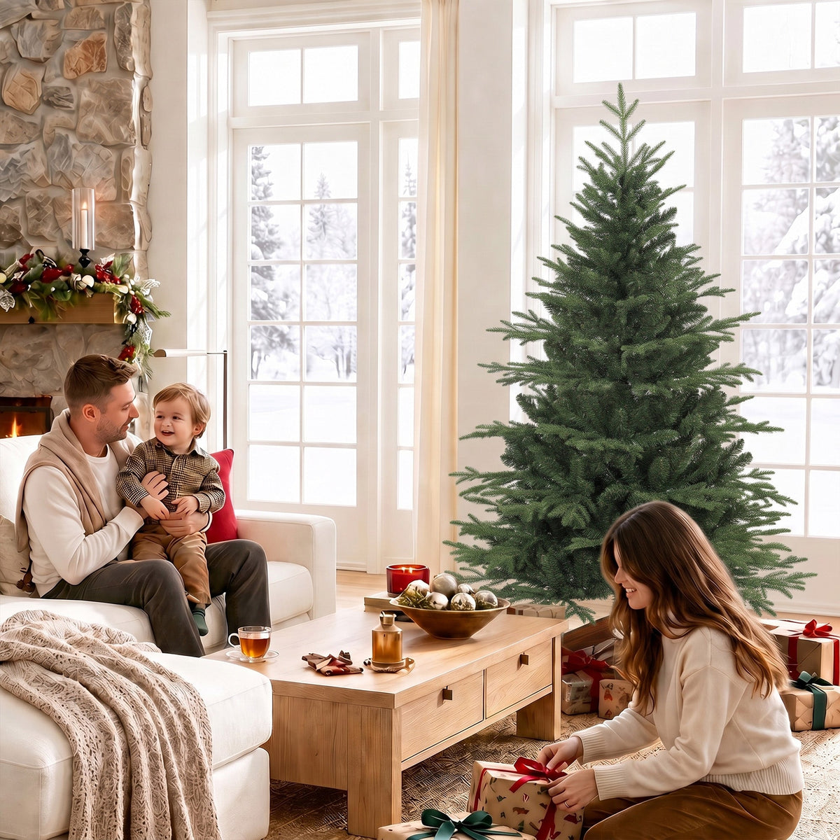 5ft Artificial Christmas Tree, Full Hinged Xmas Tree with 1524 PE & PVC Tips, Solid Pine Wood Stand for Home Office Holiday Decoration, Green