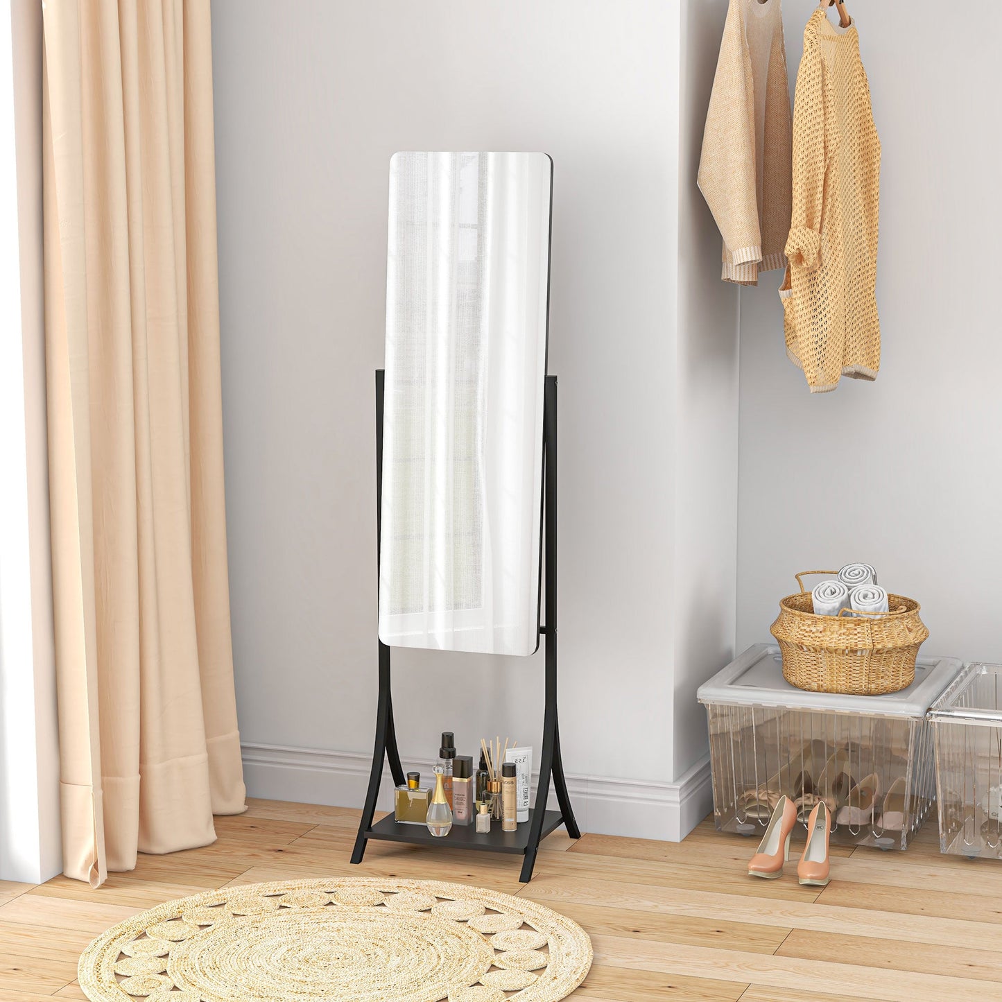 HOMCOM Full Length Mirror, Free Standing Floor Mirror, Full Body Mirror with Adjustable Angle and Storage Shelf for Living Room, Bedroom, Hallway, 108 x 37cm, Black
