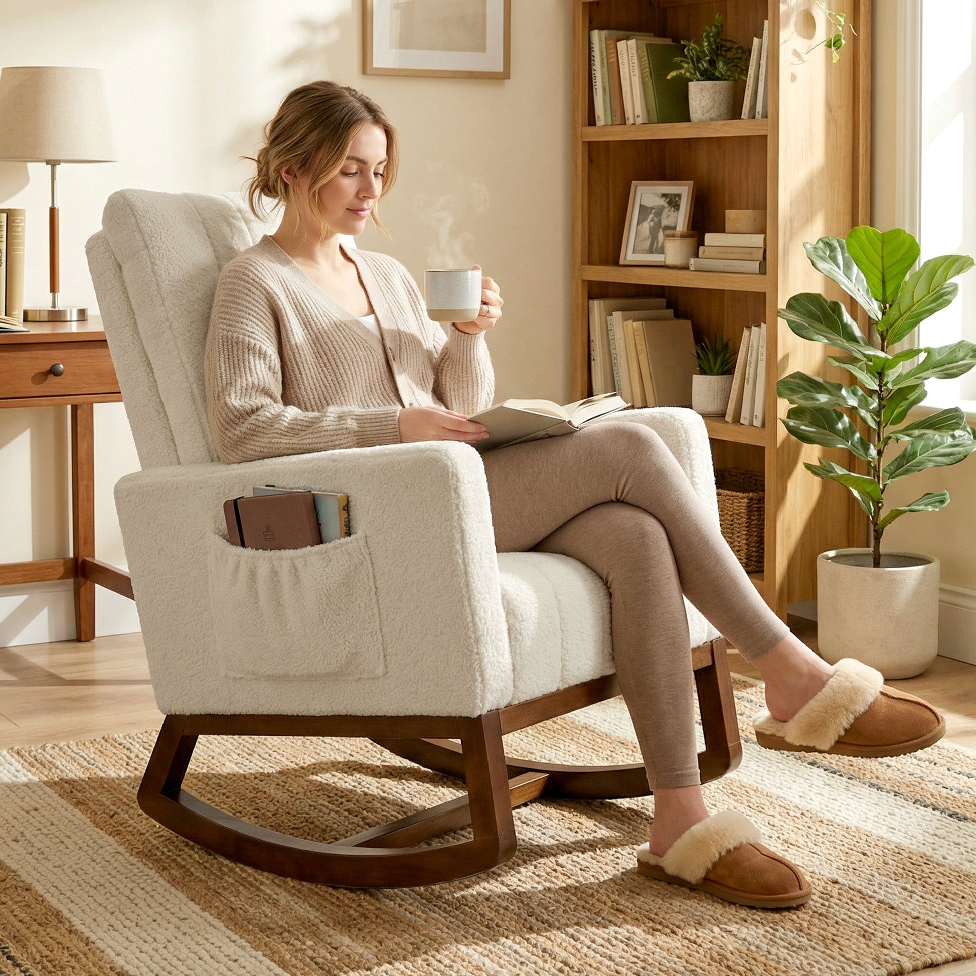 Rocking Chair for Adults, Snow Flannel Upholstered Accent Armchair with Lumbar Pillow, High Back, Wood Base, Side Pockets, Leisure Rocker Lounge Chair for Living Room, Bedroom, Cream White