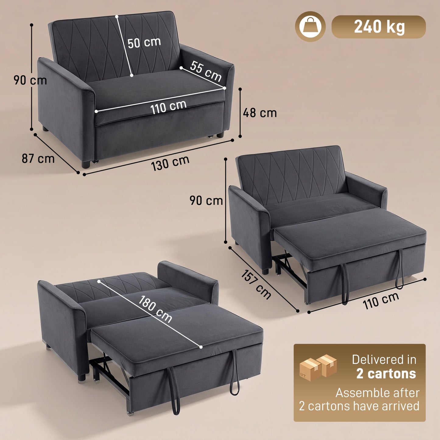 2 Seater Sofa Bed, 3-in-1 Convertible Pull Out Sleeper Sofa, Velvet Loveseat Bed Settee with Clik-Clack Adjustable Backrest, High-Density Foam for Living Room, Bedroom, Guest Room, Dark Grey