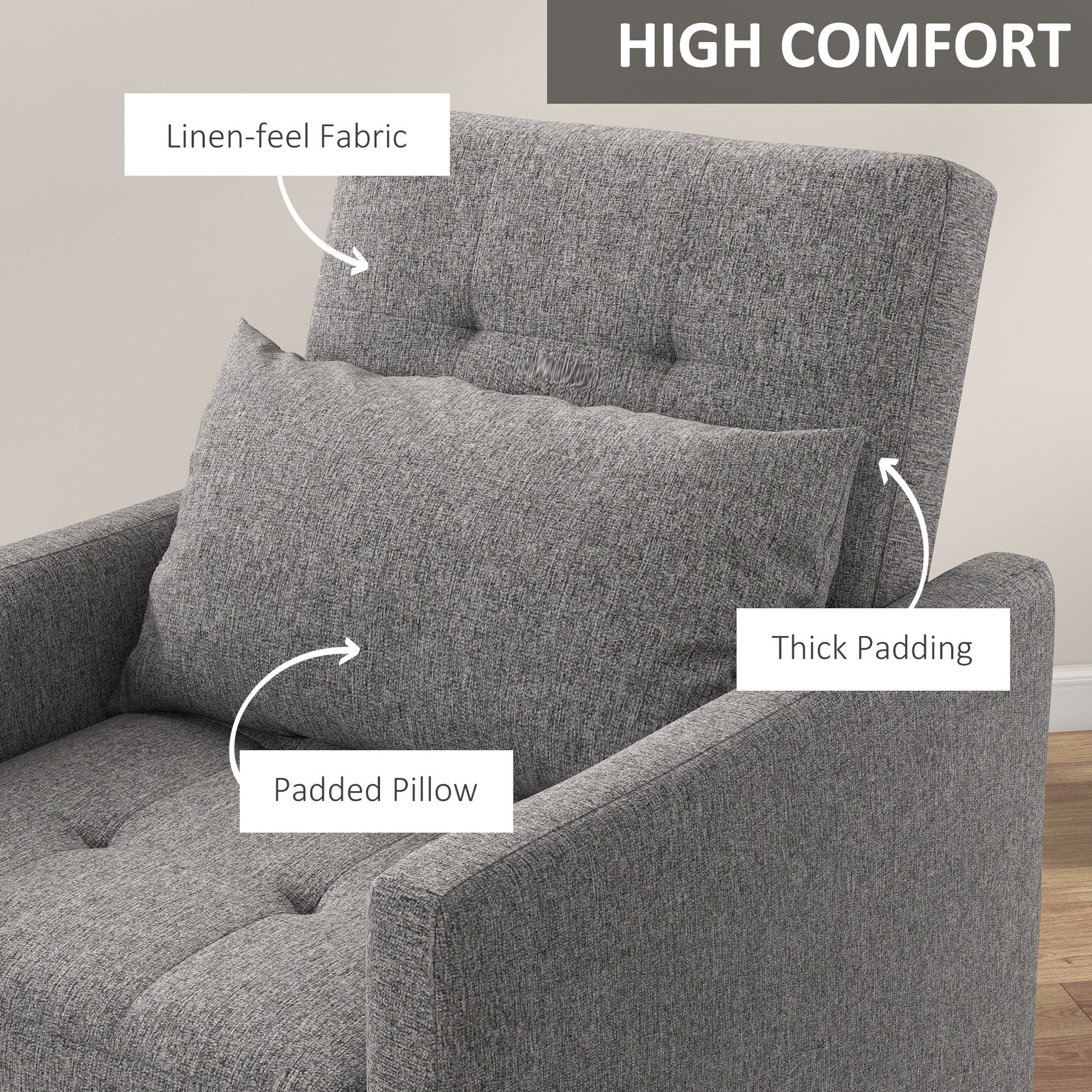 HOMCOM 3-In-1 Single Chair Bed, Tufted Pull Out Chair Bed, Convertible Sleeper Couch with Adjustable Backrest for Living Room and Bedroom, Grey