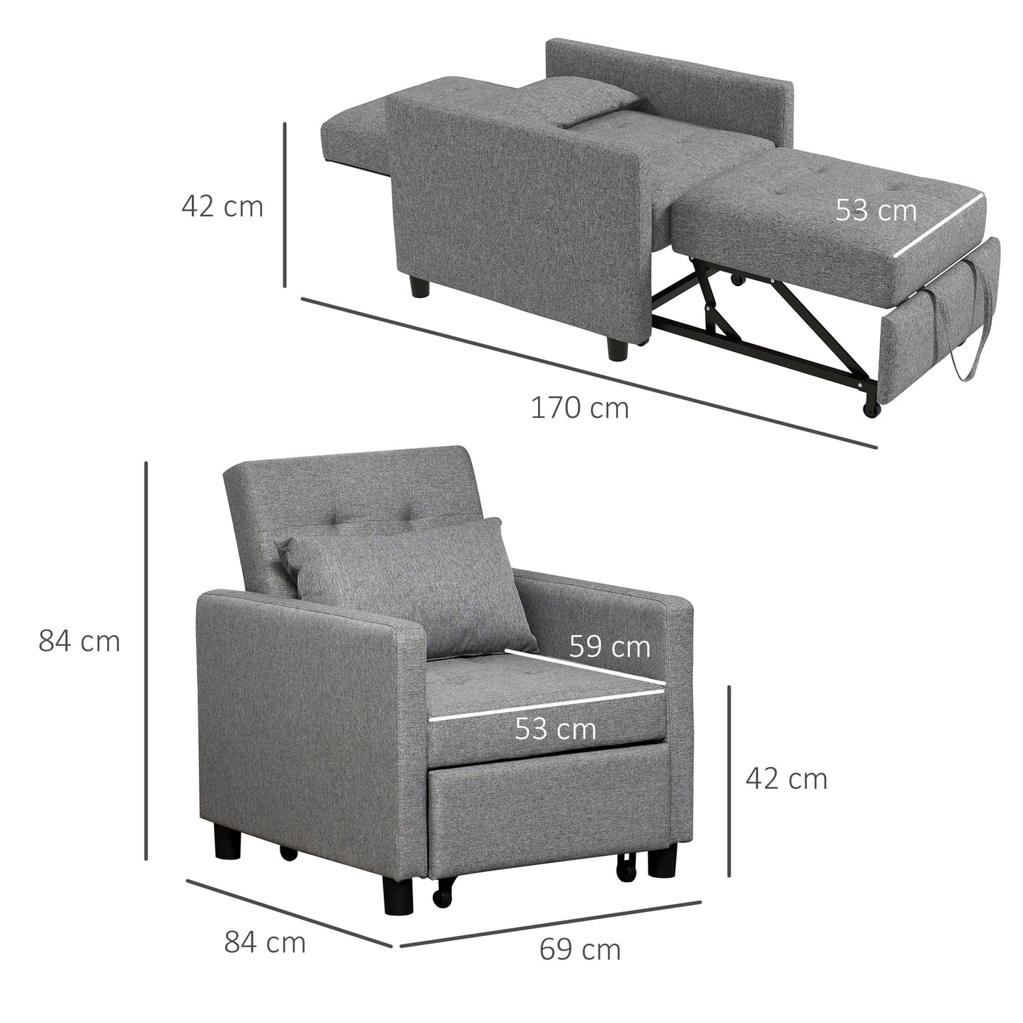 HOMCOM 3-In-1 Single Chair Bed, Tufted Pull Out Chair Bed, Convertible Sleeper Couch with Adjustable Backrest for Living Room and Bedroom, Grey