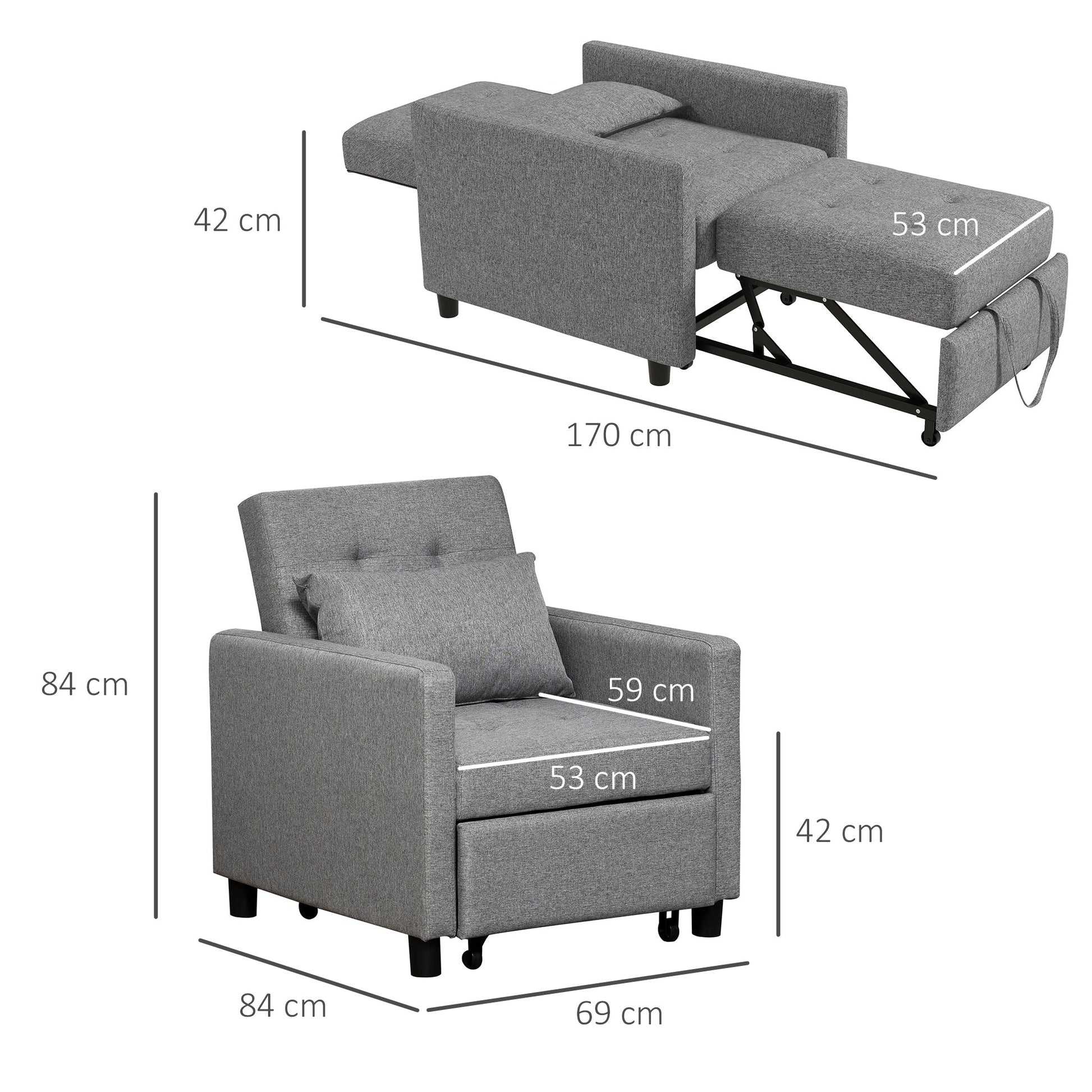 HOMCOM 3-In-1 Single Chair Bed, Tufted Pull Out Chair Bed, Convertible Sleeper Couch with Adjustable Backrest for Living Room and Bedroom, Grey