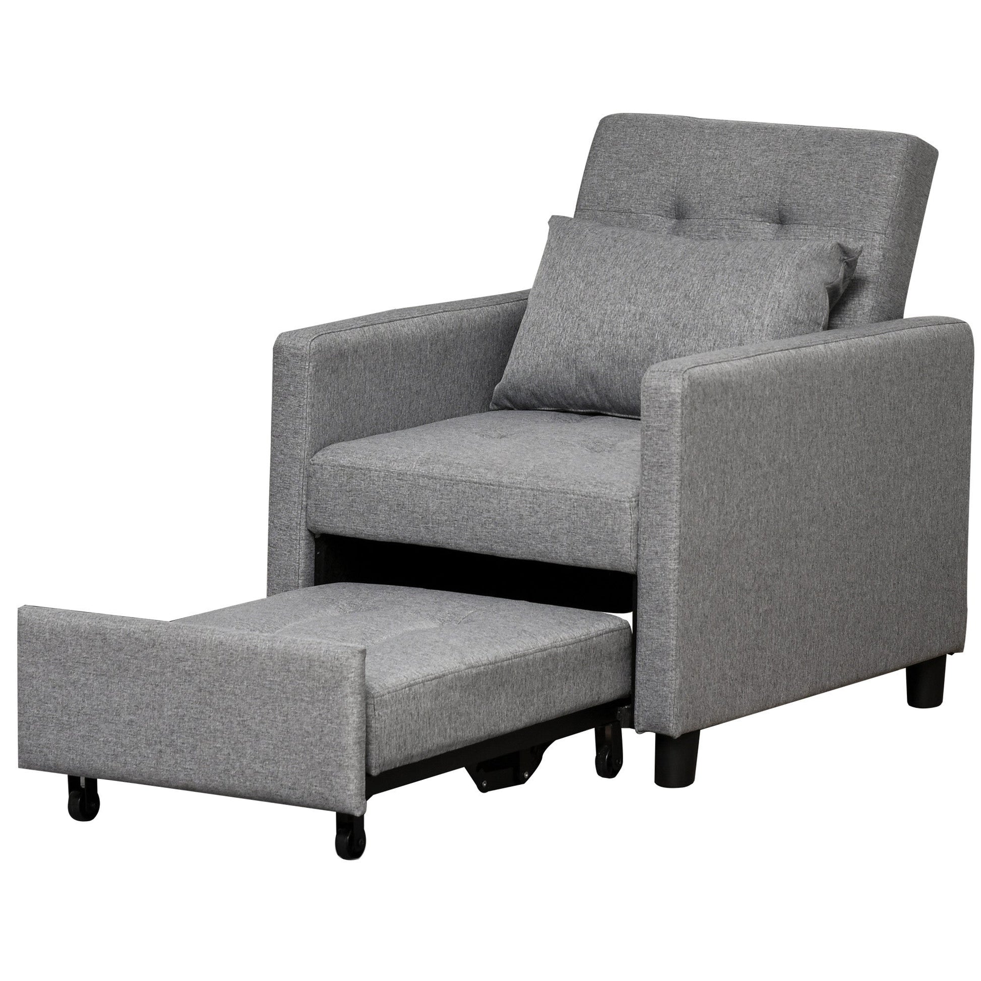 HOMCOM 3-In-1 Single Chair Bed, Tufted Pull Out Chair Bed, Convertible Sleeper Couch with Adjustable Backrest for Living Room and Bedroom, Grey