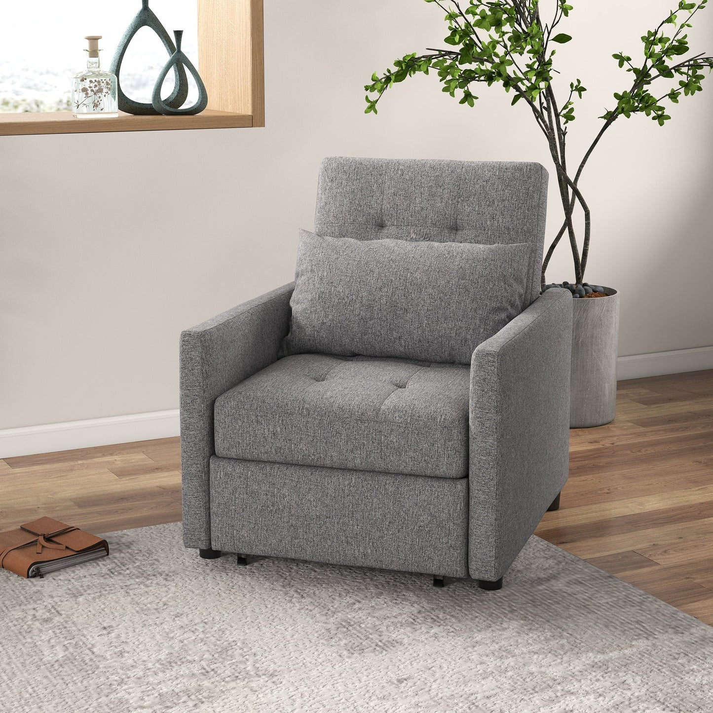 HOMCOM 3-In-1 Single Chair Bed, Tufted Pull Out Chair Bed, Convertible Sleeper Couch with Adjustable Backrest for Living Room and Bedroom, Grey