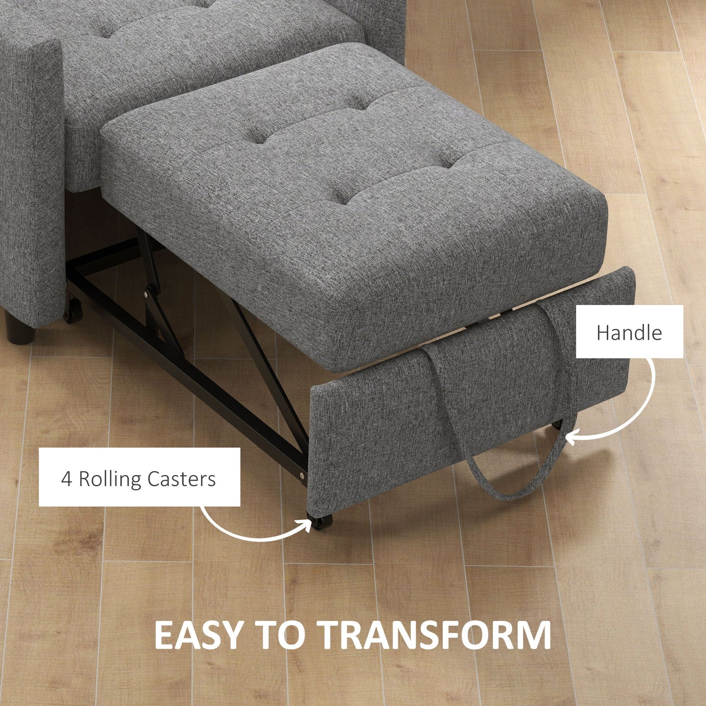 HOMCOM 3-In-1 Single Chair Bed, Tufted Pull Out Chair Bed, Convertible Sleeper Couch with Adjustable Backrest for Living Room and Bedroom, Grey