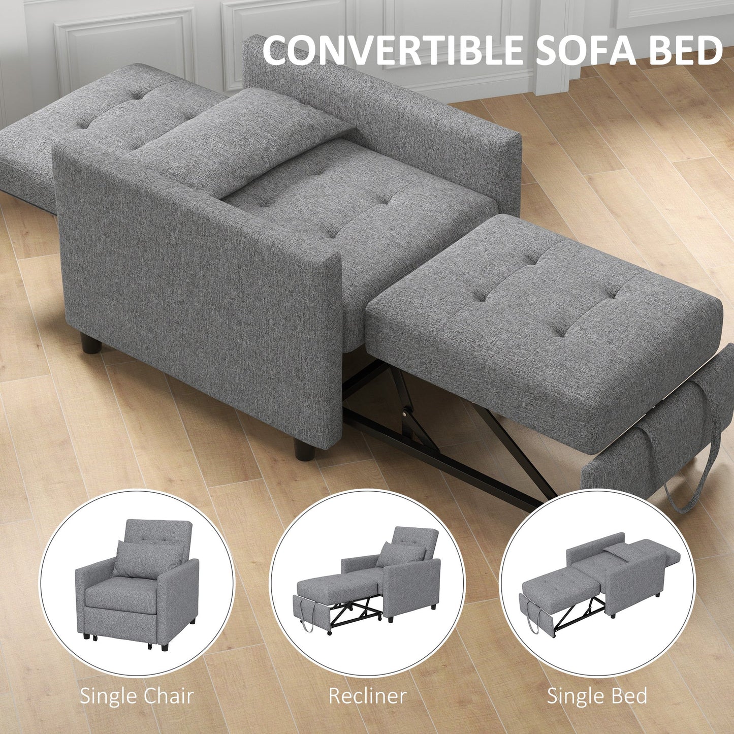 HOMCOM 3-In-1 Single Chair Bed, Tufted Pull Out Chair Bed, Convertible Sleeper Couch with Adjustable Backrest for Living Room and Bedroom, Grey