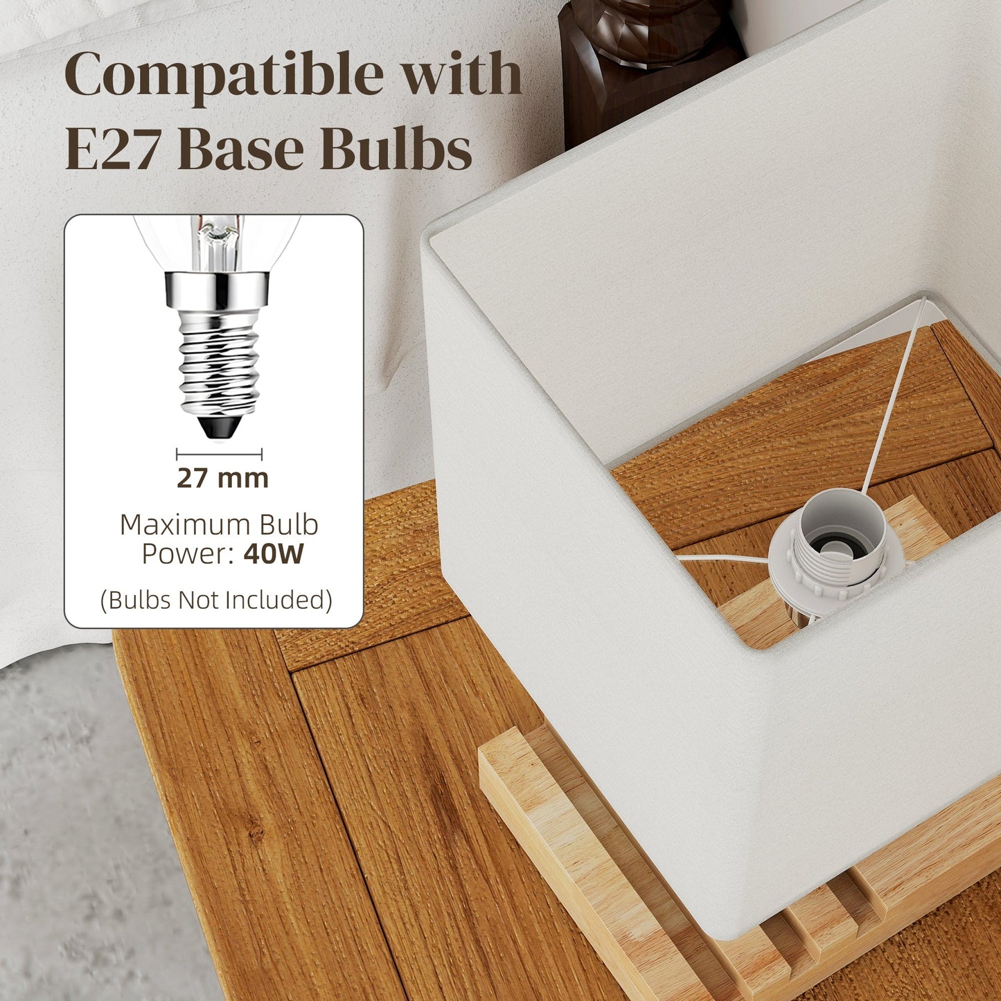 Bedside Lamp with USB A+C Charging Ports and 3 Phone Stands, Modern Table Lamp with Solid Wood Base and Fabric Shade for Bedroom Living Room Office, E27 Socket, Bulb Not Included, White