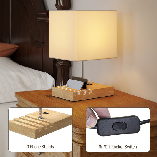 Bedside Lamp with USB A+C Charging Ports and 3 Phone Stands, Modern Table Lamp with Solid Wood Base and Fabric Shade for Bedroom Living Room Office, E27 Socket, Bulb Not Included, White
