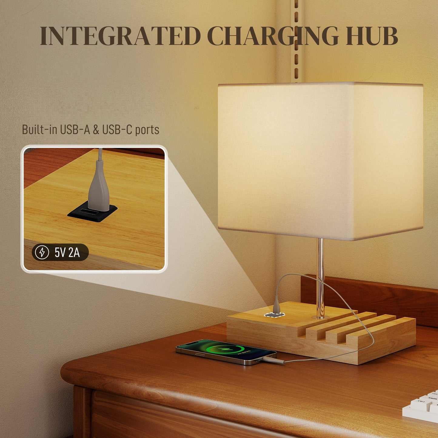 Bedside Lamp with USB A+C Charging Ports and 3 Phone Stands, Modern Table Lamp with Solid Wood Base and Fabric Shade for Bedroom Living Room Office, E27 Socket, Bulb Not Included, White