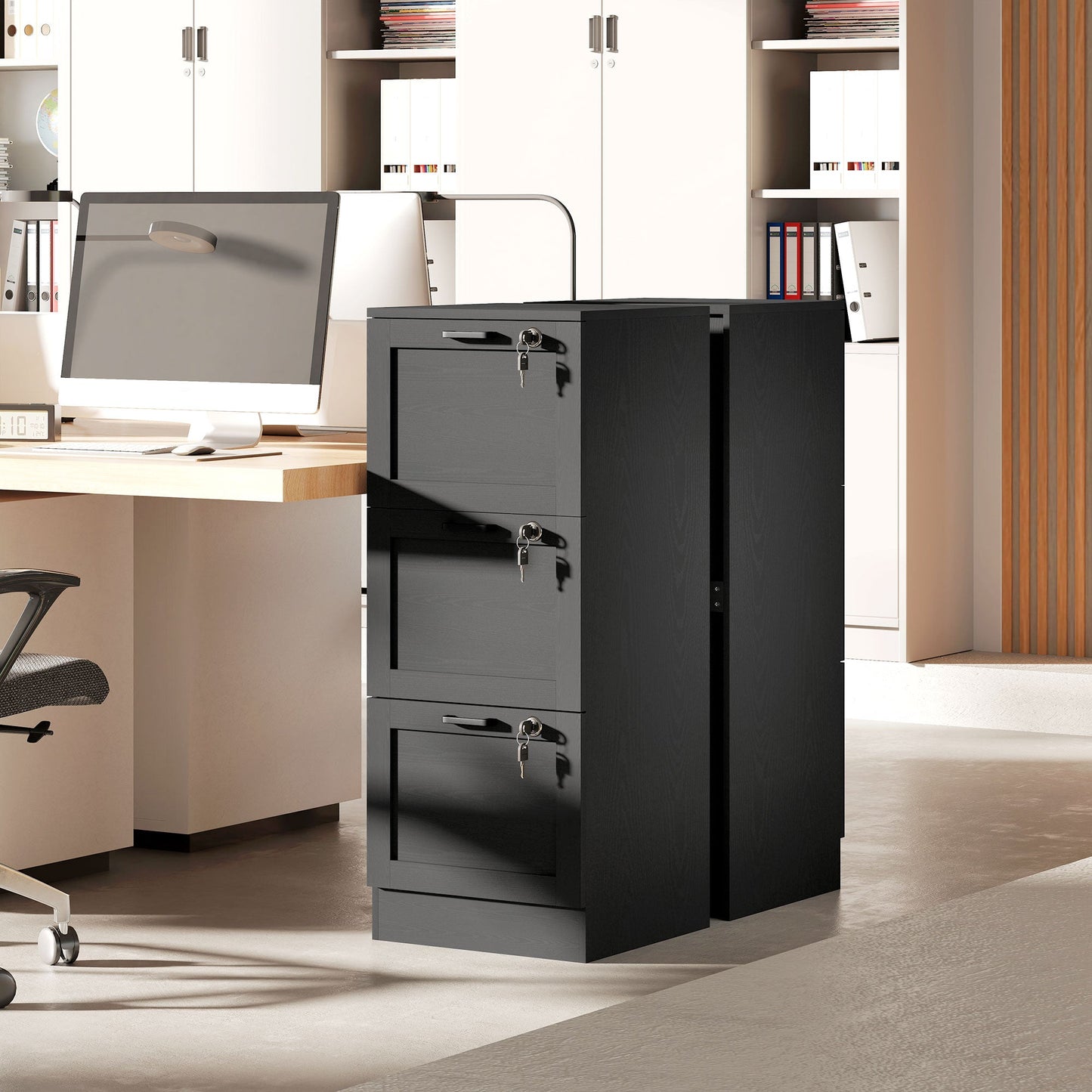 3 Drawer File Cabinet with Lock, Vertical Filing Cabinet with Adjustable Hanging Bars for A4 and Letter Size File Folders, Printer Stand with Storage, Black