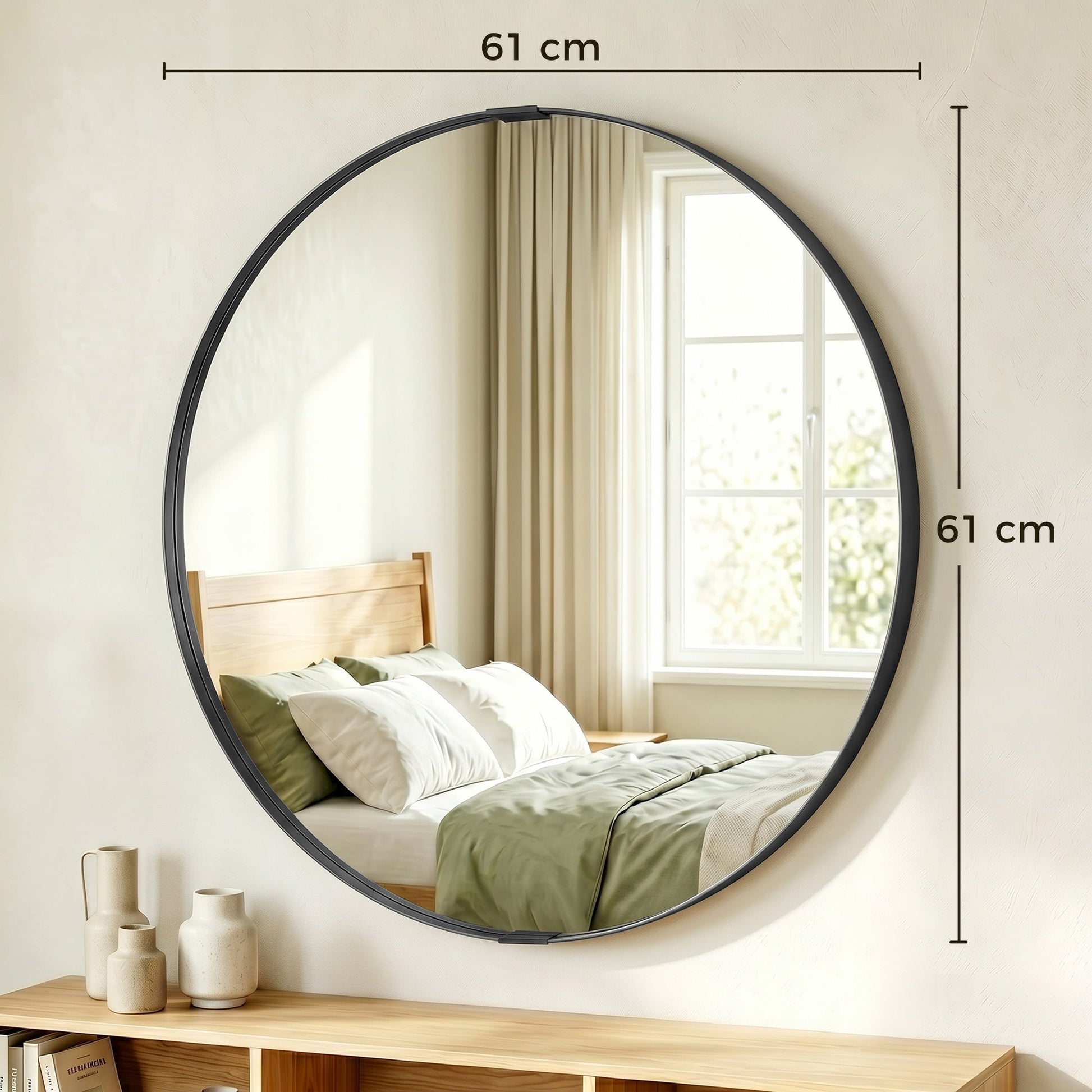 Round Wall Mirror 61 cm, Wall Mounted Bathroom Mirror with Tempered Safety Glass and Aluminium Alloy Frame for Living Room, Bedroom, Entryway, Home, Black
