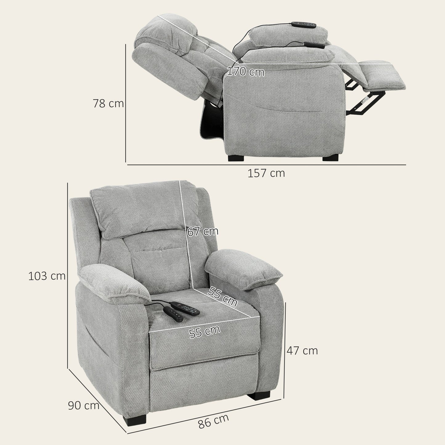 Power Recliner Armchair with Massage and Heat, Velvet-Feel Fabric Quiet Electric Reclining Chair with Wide Spring Seat, Memory Function, High Back, Headrest, USB Port, Side Pockets, Light Grey
