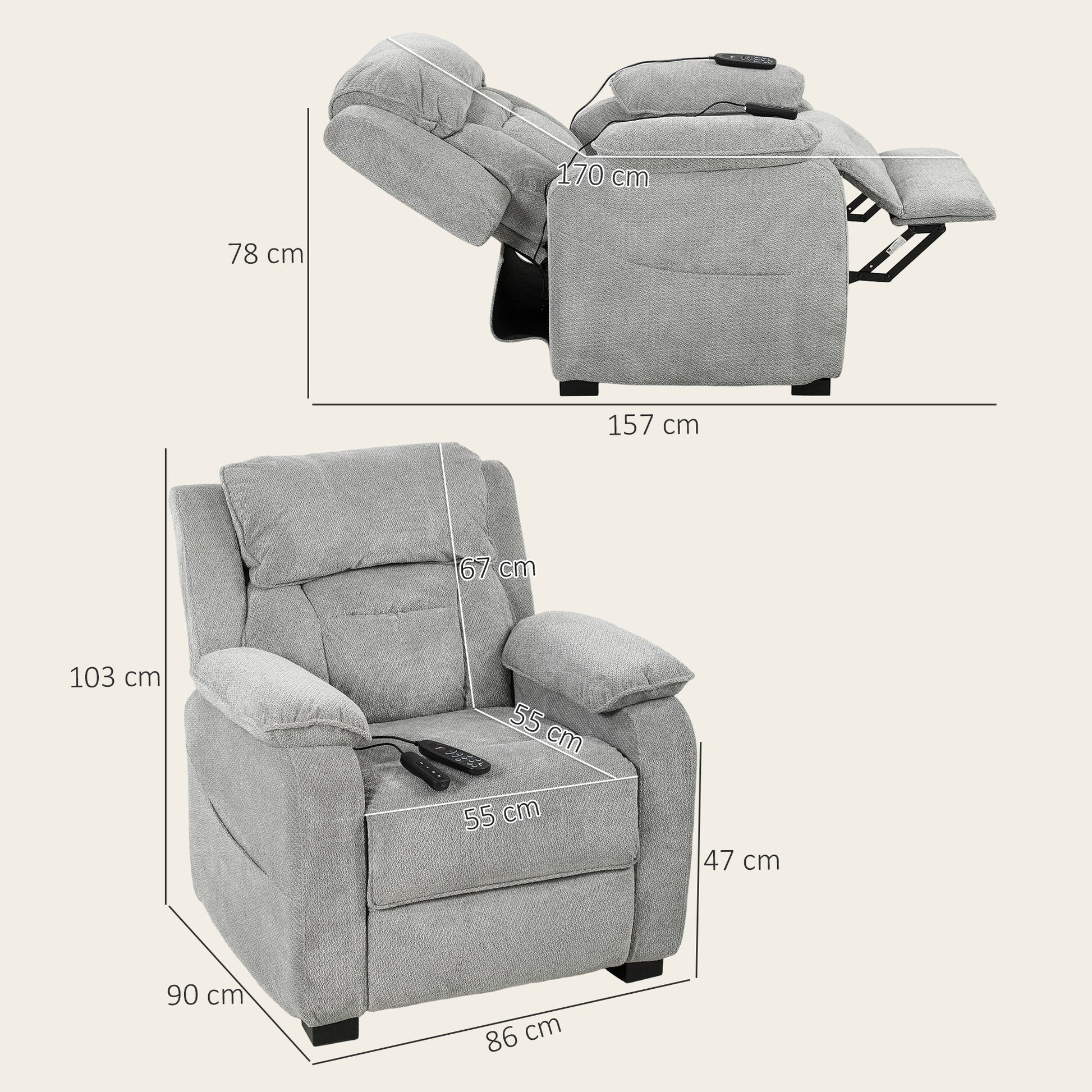 Power Recliner Armchair with Massage and Heat, Velvet-Feel Fabric Quiet Electric Reclining Chair with Wide Spring Seat, Memory Function, High Back, Headrest, USB Port, Side Pockets, Light Grey