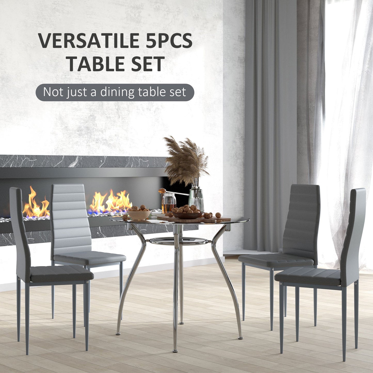 HOMCOM Dining Table and Chairs Set for 4, 5 Piece Round Kitchen Table and Chairs with Glass Top, Shelf and High Back, Space-Saving Table and Upholstered Chairs for Small Spaces, Grey