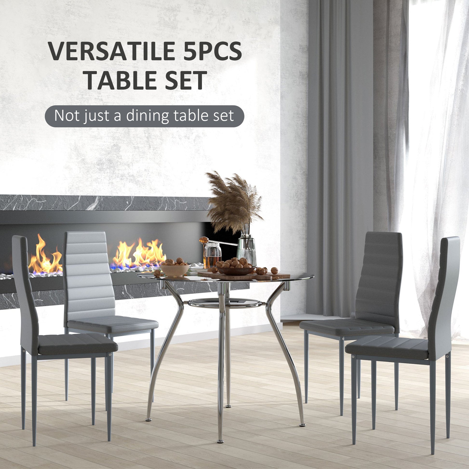 HOMCOM Dining Table and Chairs Set for 4, 5 Piece Round Kitchen Table and Chairs with Glass Top, Shelf and High Back, Space-Saving Table and Upholstered Chairs for Small Spaces, Grey