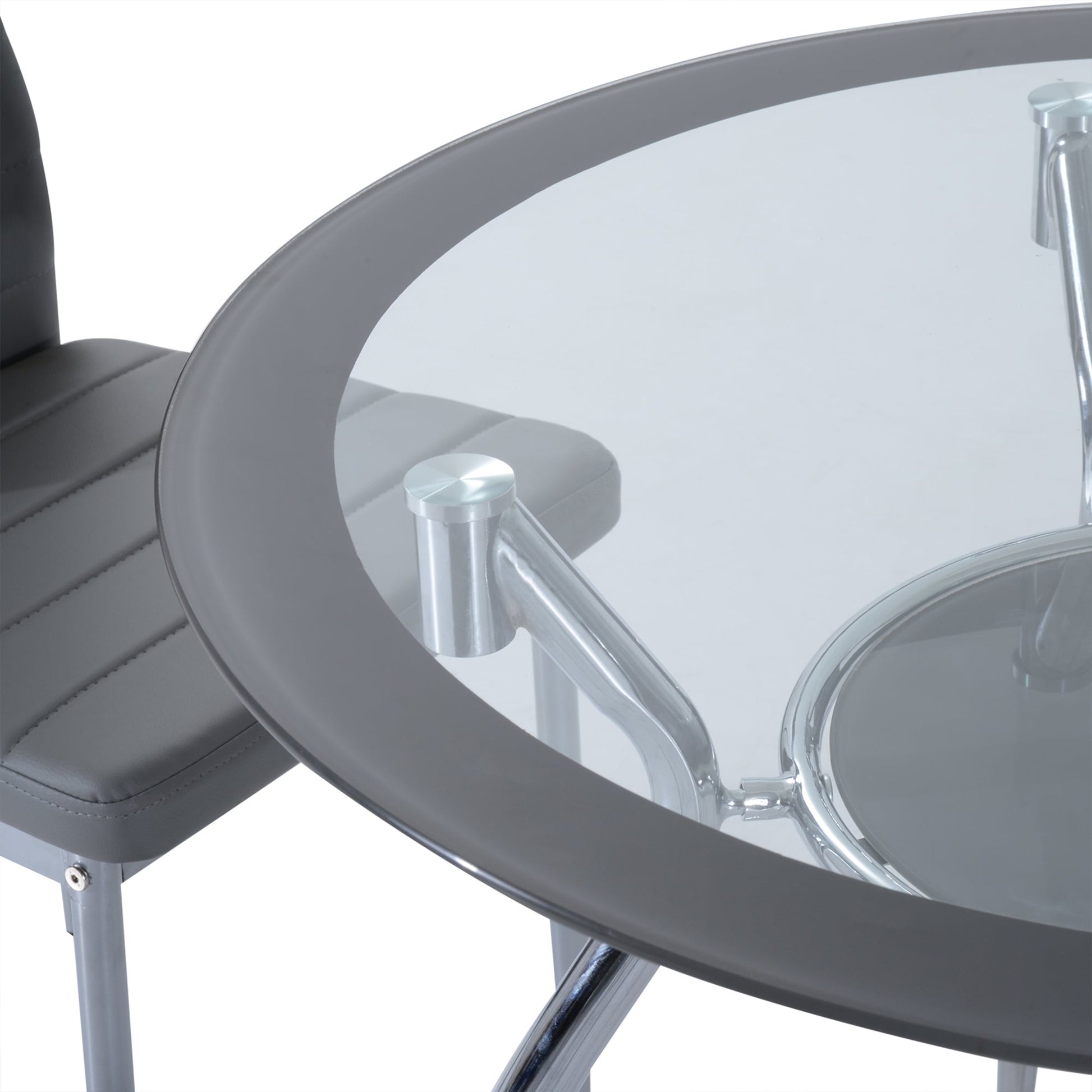 HOMCOM Dining Table and Chairs Set for 4, 5 Piece Round Kitchen Table and Chairs with Glass Top, Shelf and High Back, Space-Saving Table and Upholstered Chairs for Small Spaces, Grey